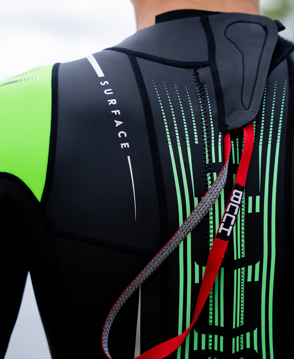 HUUB Surface Fluo Green men's triathlon wetsuit lower body and leg panel detail