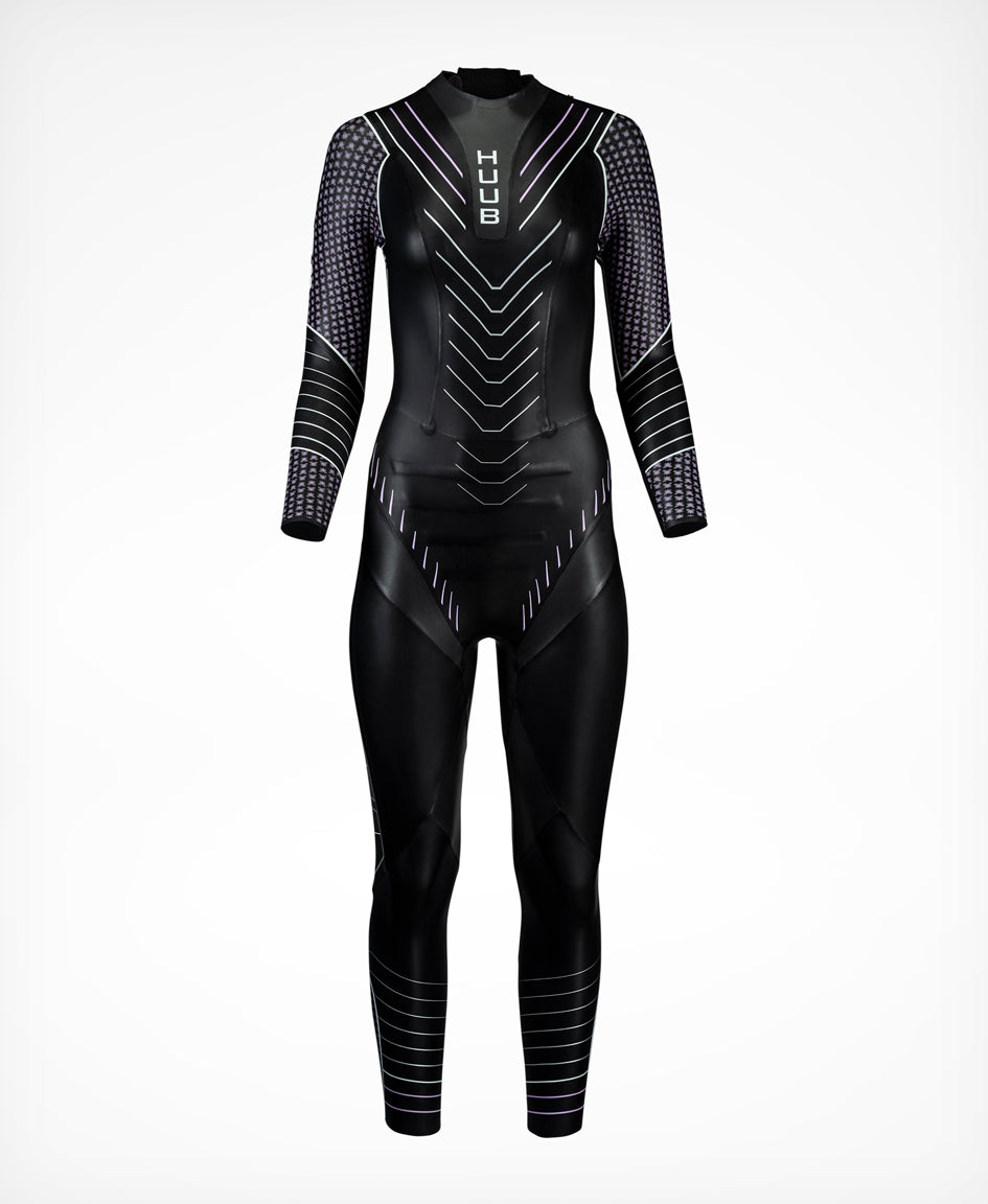 HUUB Pinnacle women's triathlon wetsuit front view with silver and yellow panel details