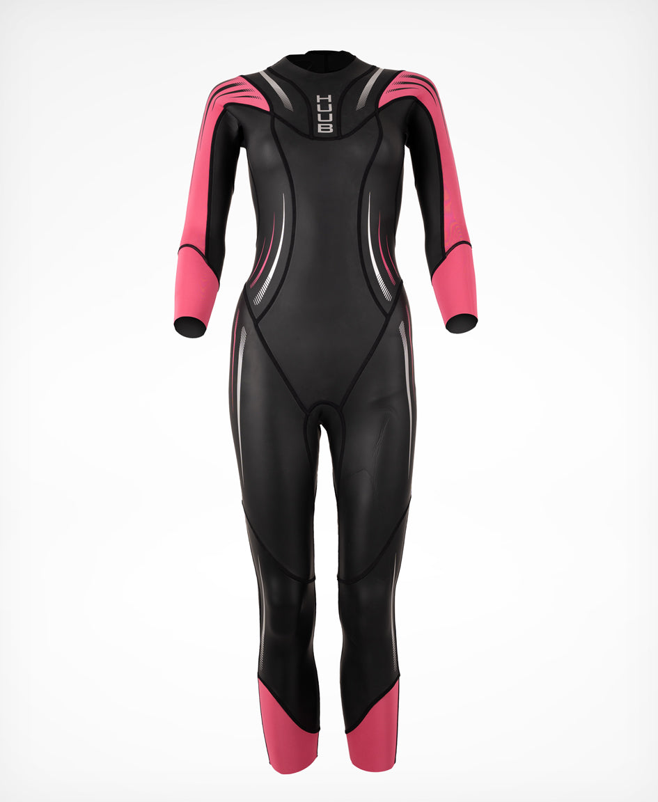 HUUB Surface Fluo Pink women's triathlon wetsuit front view with pink arm and cuff details