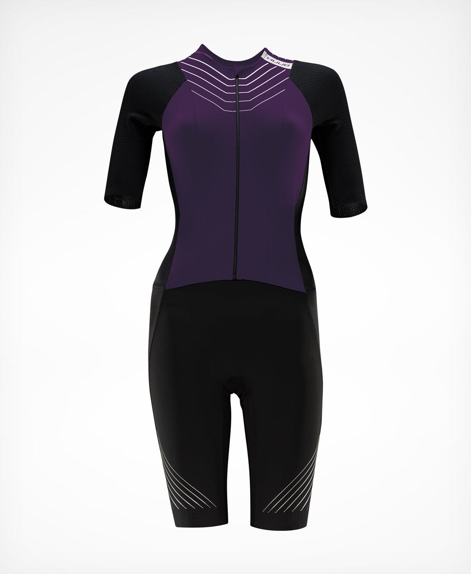 HUUB Pinnacle women's tri suit in Black/Grape front product view.