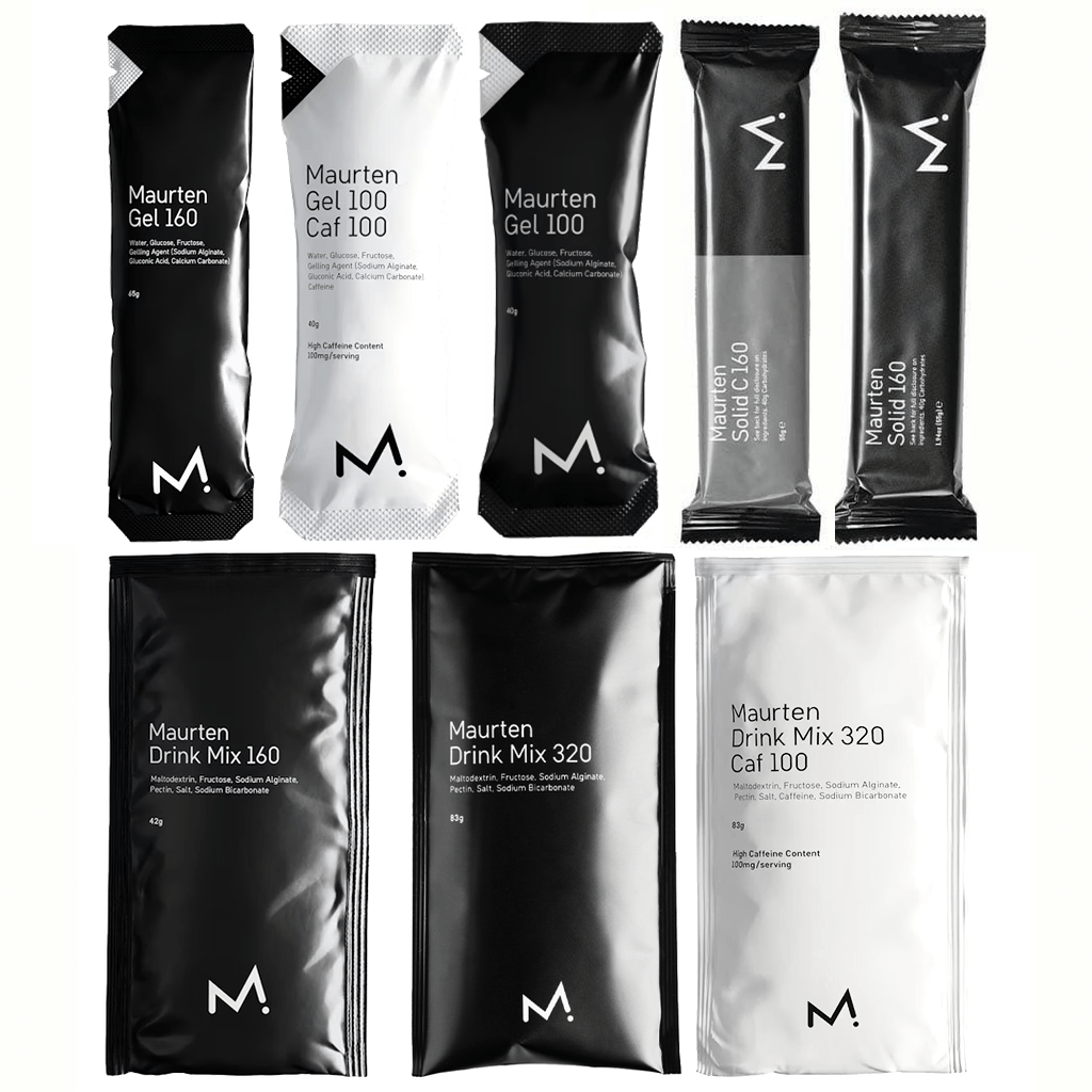 Maurten Sample Pack featuring various hydration and energy gels in colorful packaging for athletes and sports enthusiasts.