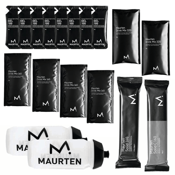 Maurten Triathlon Pack featuring energy gels and hydration products for endurance athletes, in a compact, branded package.