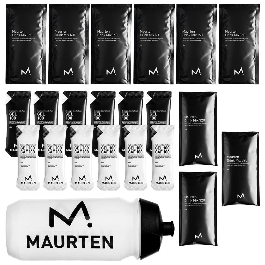 Maurten Mix Box with assorted energy gels and drinks for athletes, featuring the brand's signature nutritional products.