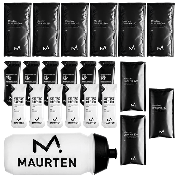 Maurten Mix Box with assorted energy gels and drinks for athletes, featuring the brand's signature nutritional products.
