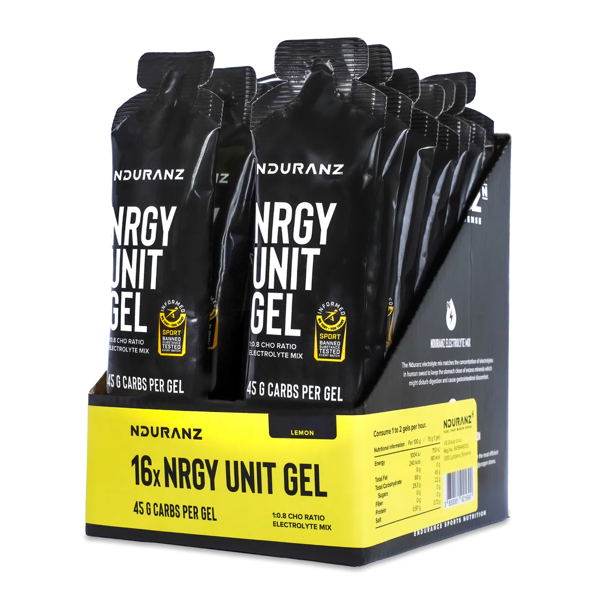 Nduranz Energy Gel 45g Lemon packet label and cap detail