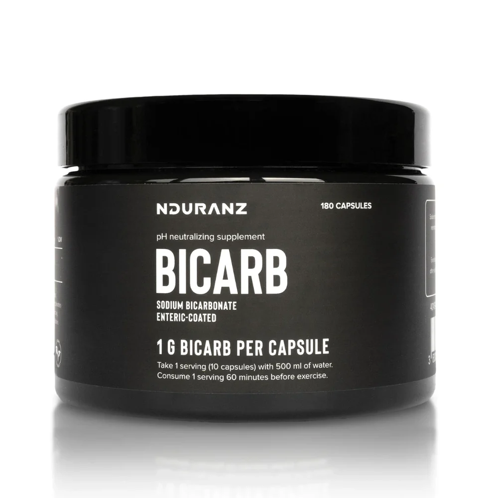 Nduranz Bicarb Enteric Coated sodium bicarbonate supplement bottle with capsules.