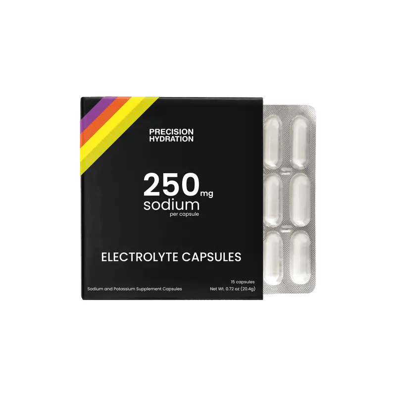 Precision Fuel & Hydration SweatSalt Electrolyte Capsules in a blister pack, designed for hydration and electrolyte replenishment.