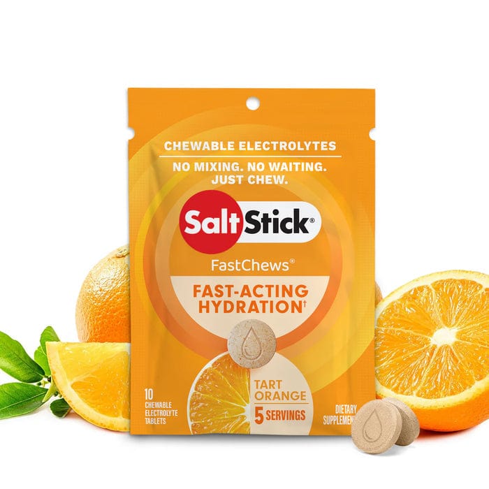SaltStick FastChews colourful chewable electrolyte tablets product view.