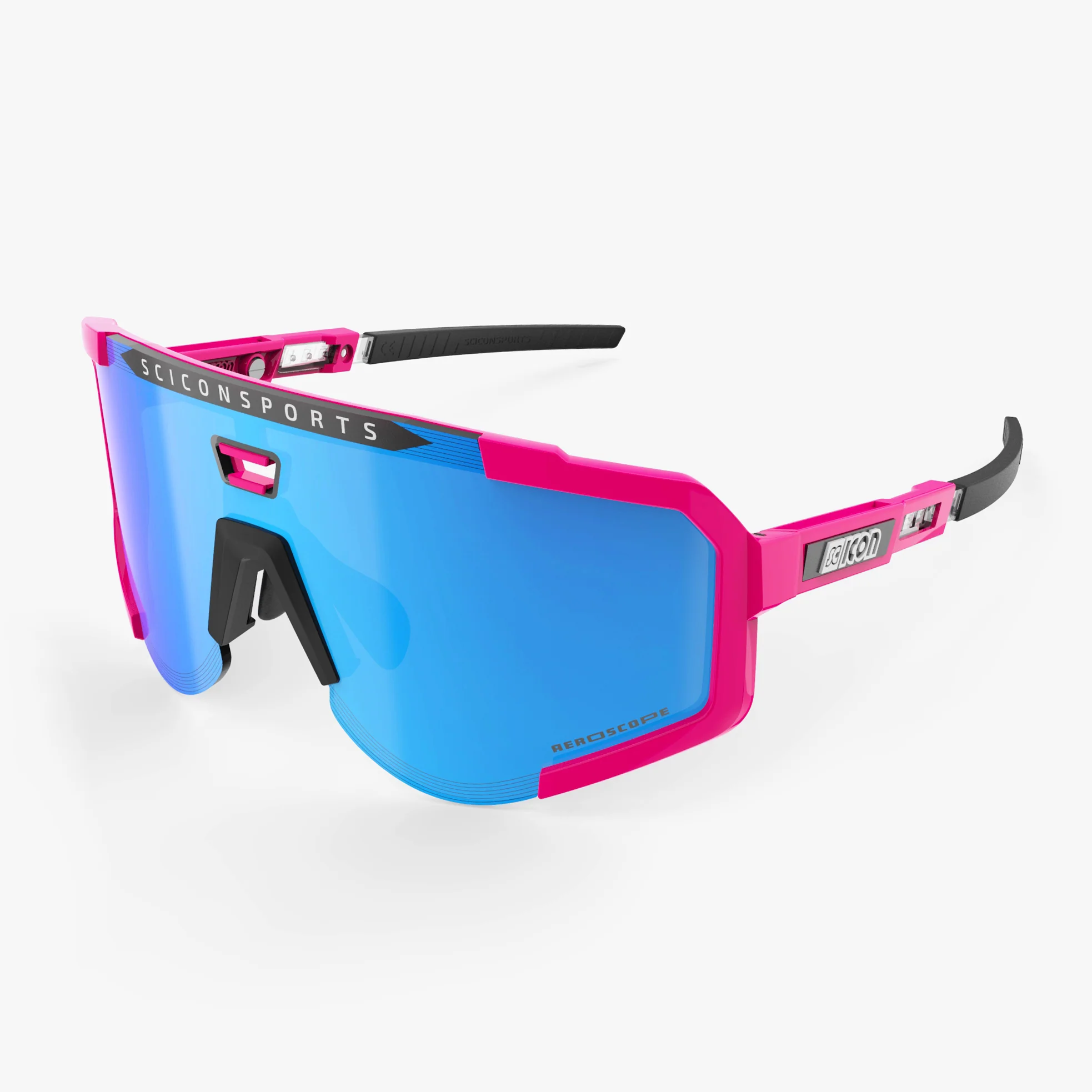 Scicon Aeroscope high-performance sport sunglasses with black gloss frame and red mirror lenses, designed for active outdoor use.