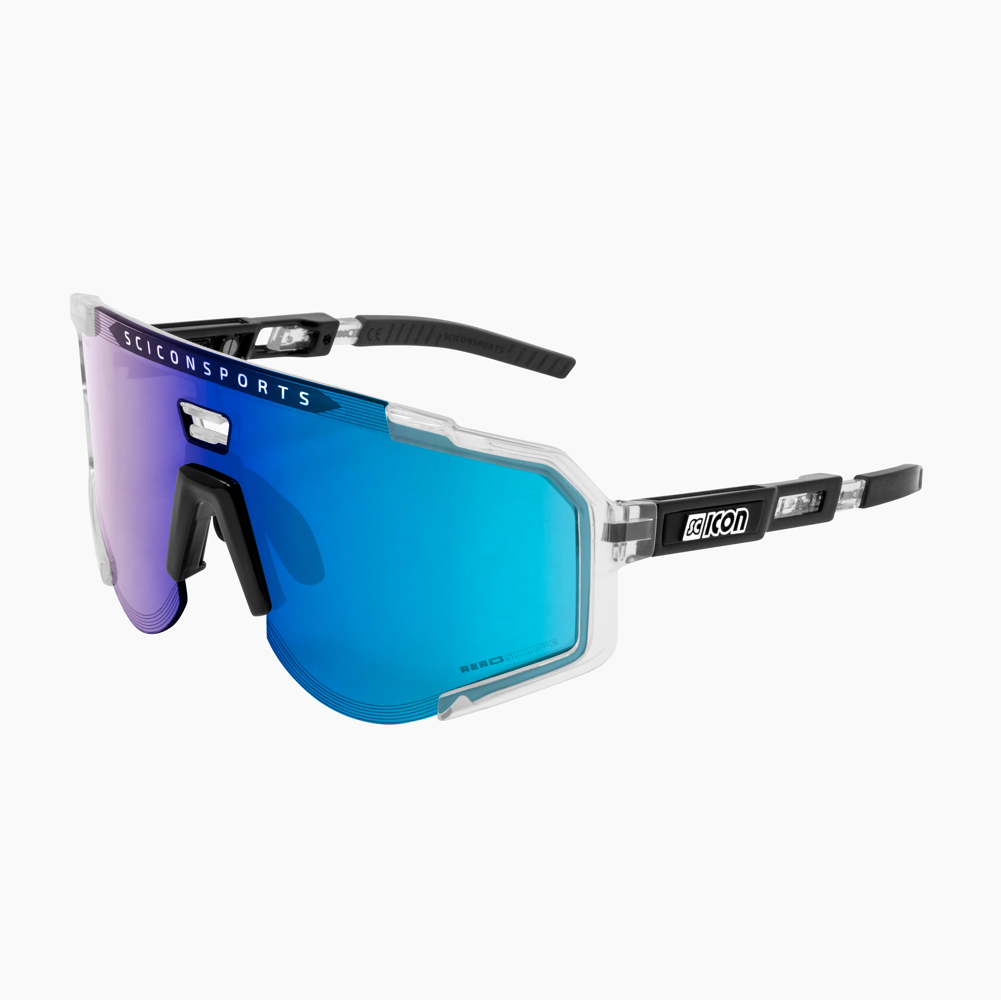 Scicon Aeroscope high-performance sport sunglasses with black gloss frame and red multi-mirror lenses for active outdoor use.