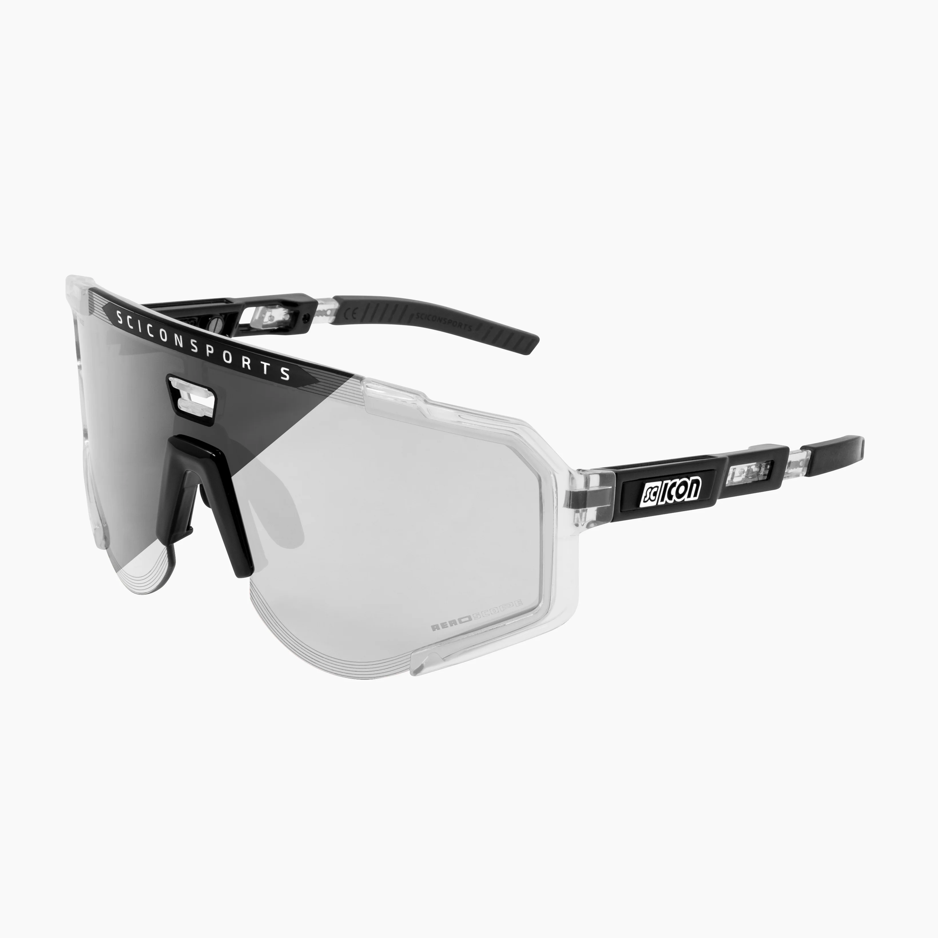 Scicon Aeroscope high-performance sport sunglasses with black gloss finish and red multimirror lenses, designed for active wear.
