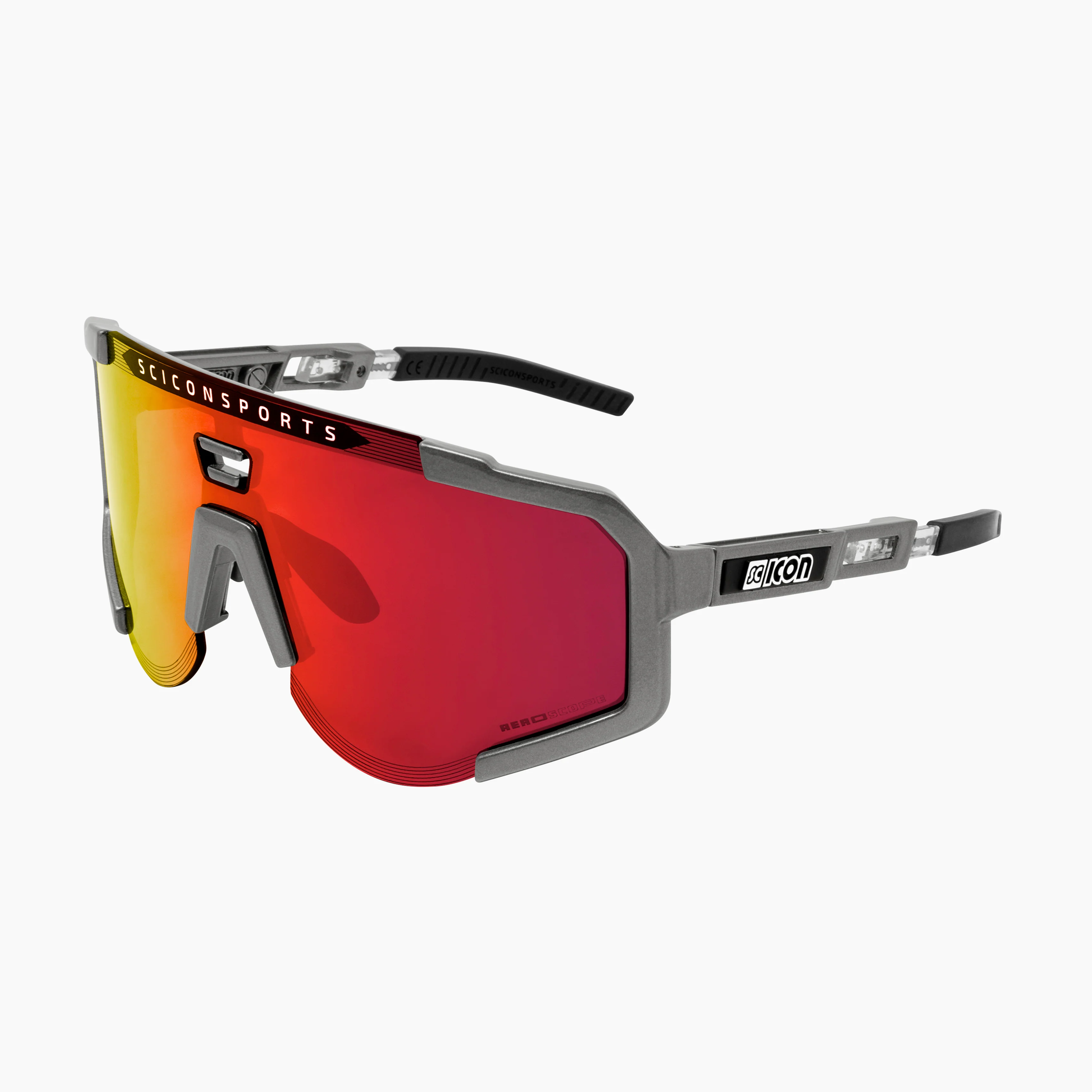 Scicon Aeroscope high-performance sport sunglasses with black gloss frame and red multi-mirror lenses, designed for active use.