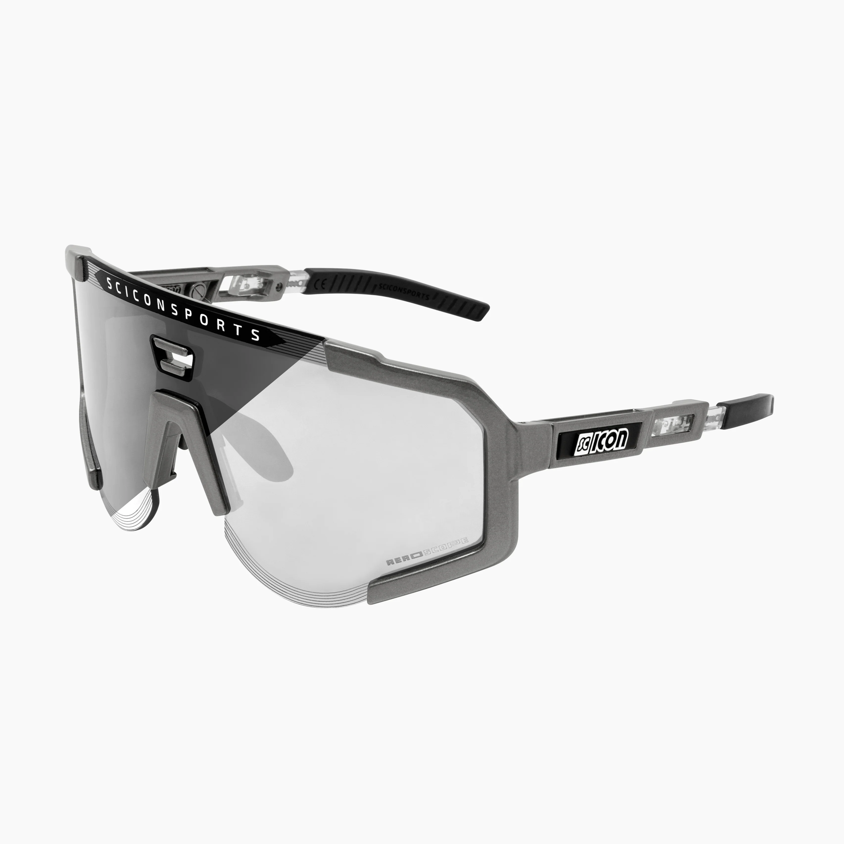 Scicon Aeroscope high-performance sport sunglasses with black gloss frame and red mirror lenses, designed for active outdoor use.
