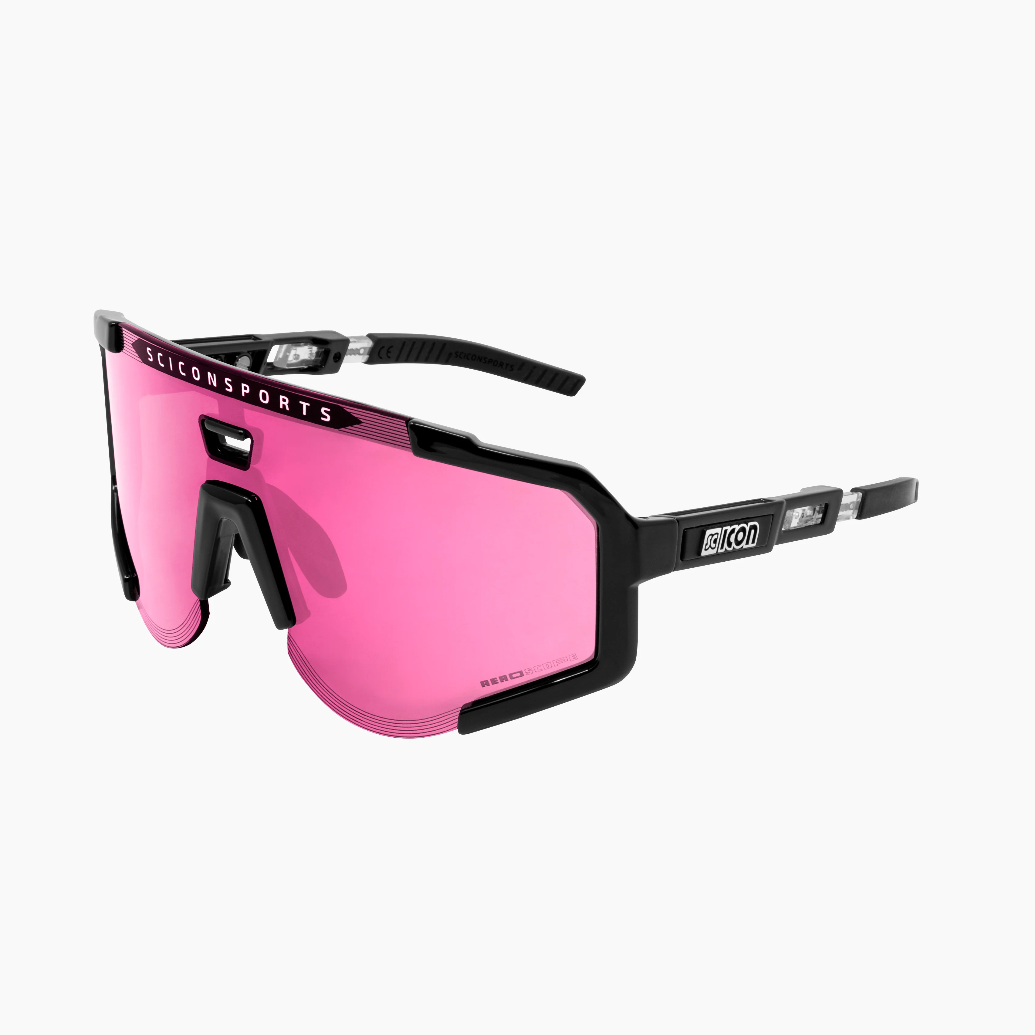Scicon Aeroscope high-performance sport sunglasses with black gloss finish and red mirror lenses, designed for active outdoor use.