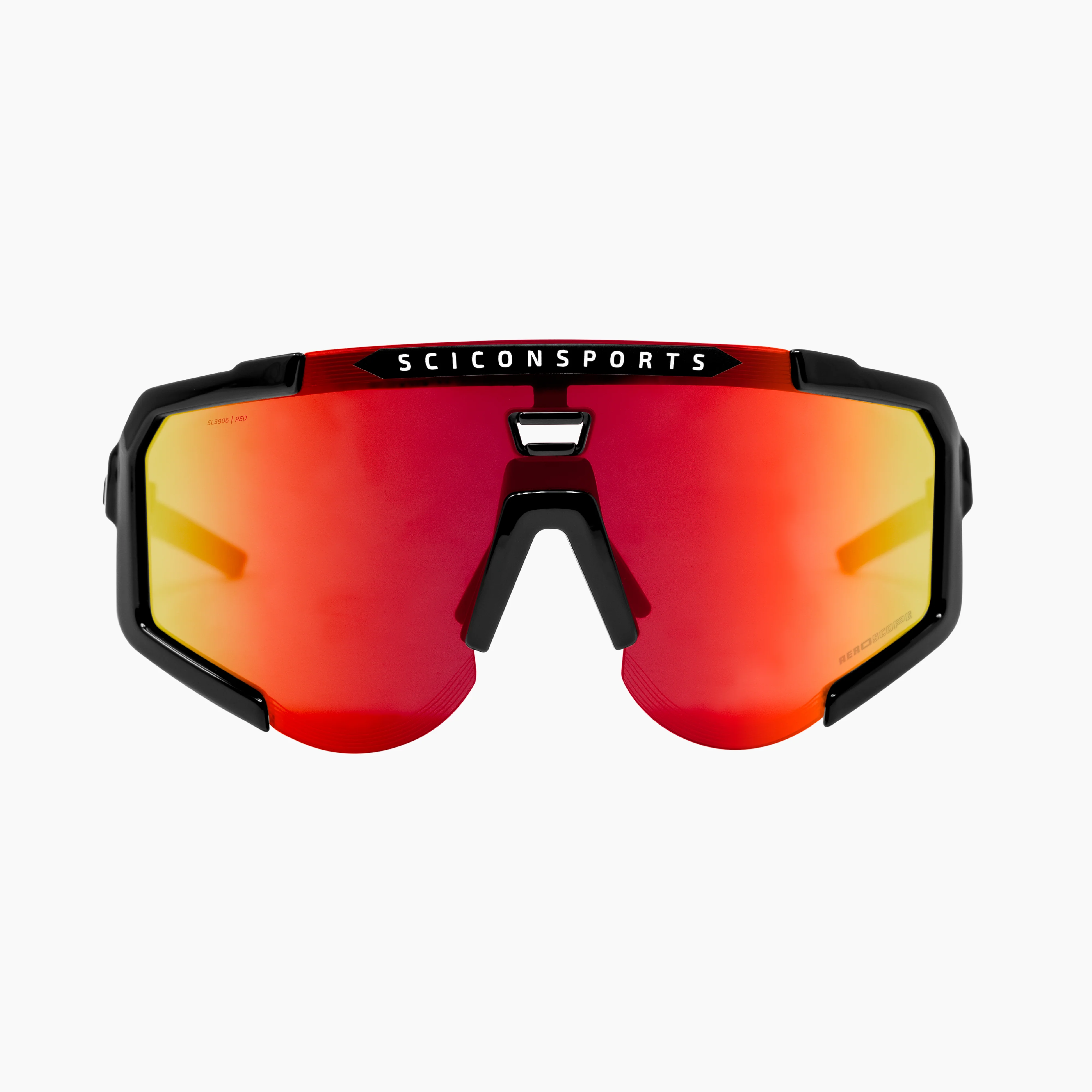 Scicon Aeroscope sport sunglasses side view with black gloss frame and red mirror lens