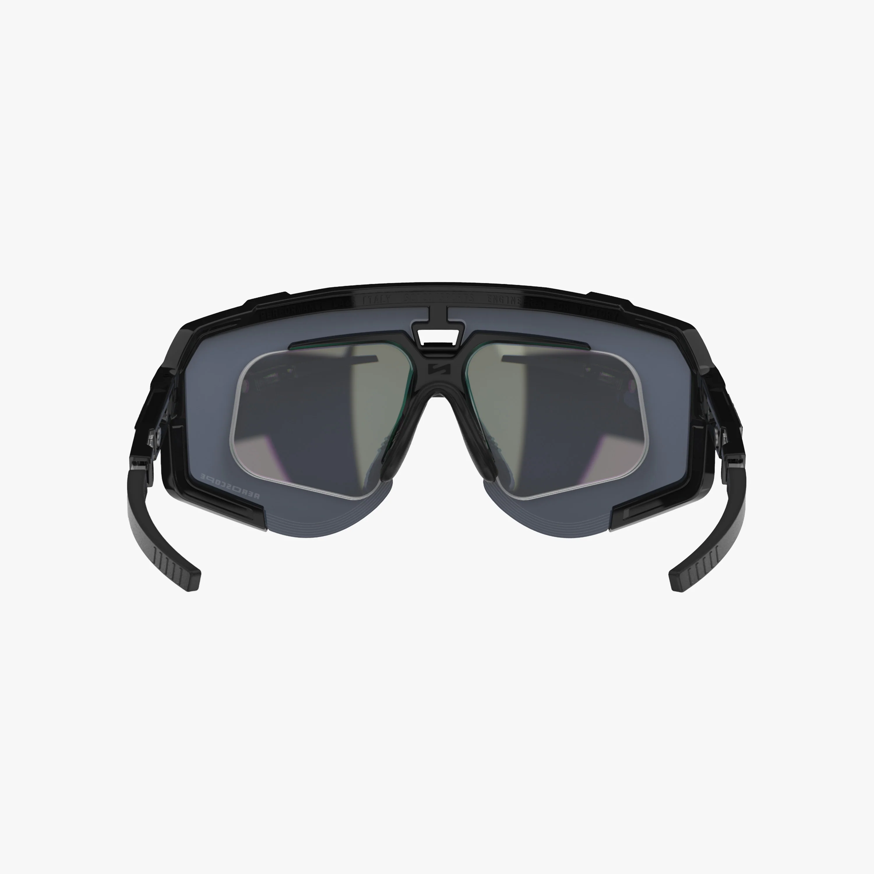 Scicon Aeroscope high-performance sport sunglasses with black gloss finish and red multi-mirror lenses, designed for active outdoor use.