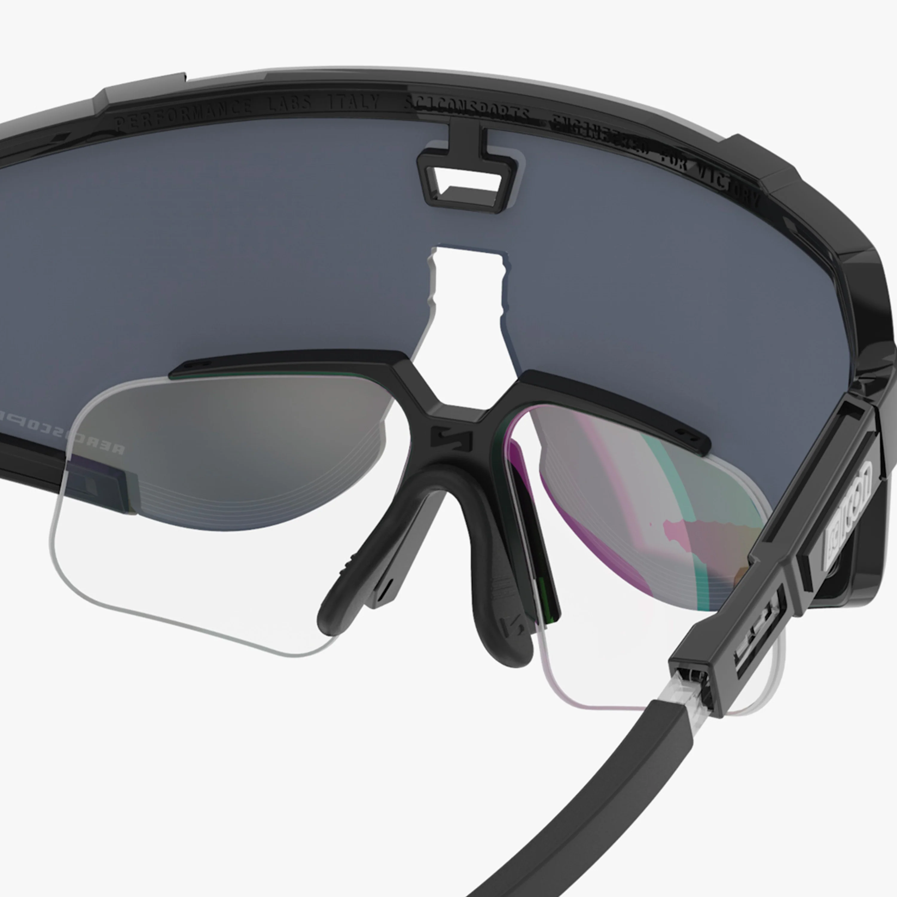 Scicon Aeroscope high-performance sport sunglasses with black gloss frame and red mirror lenses, designed for active wear.