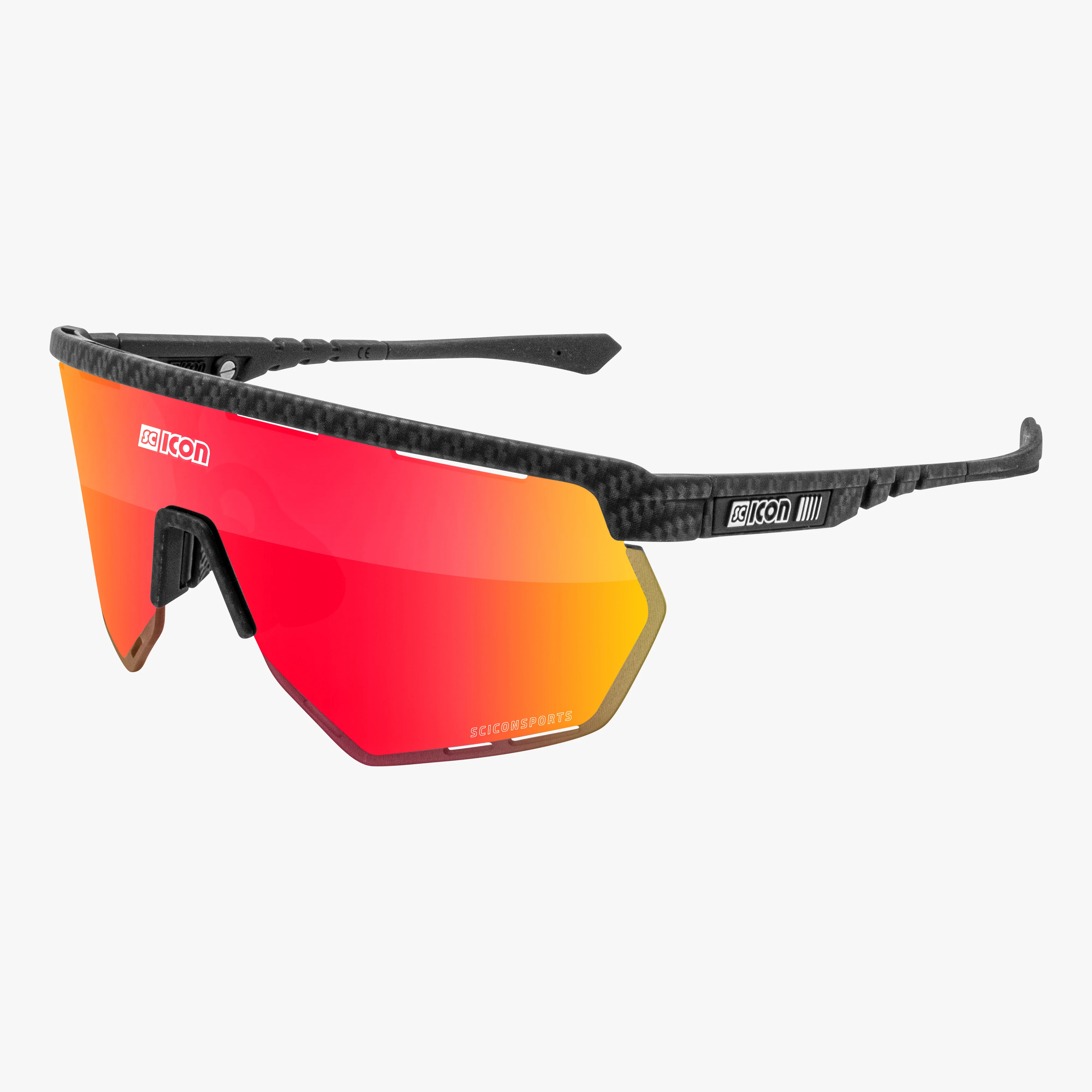 Scicon Aerowing cycling sunglasses with black gloss frame and multimirror red shield lens