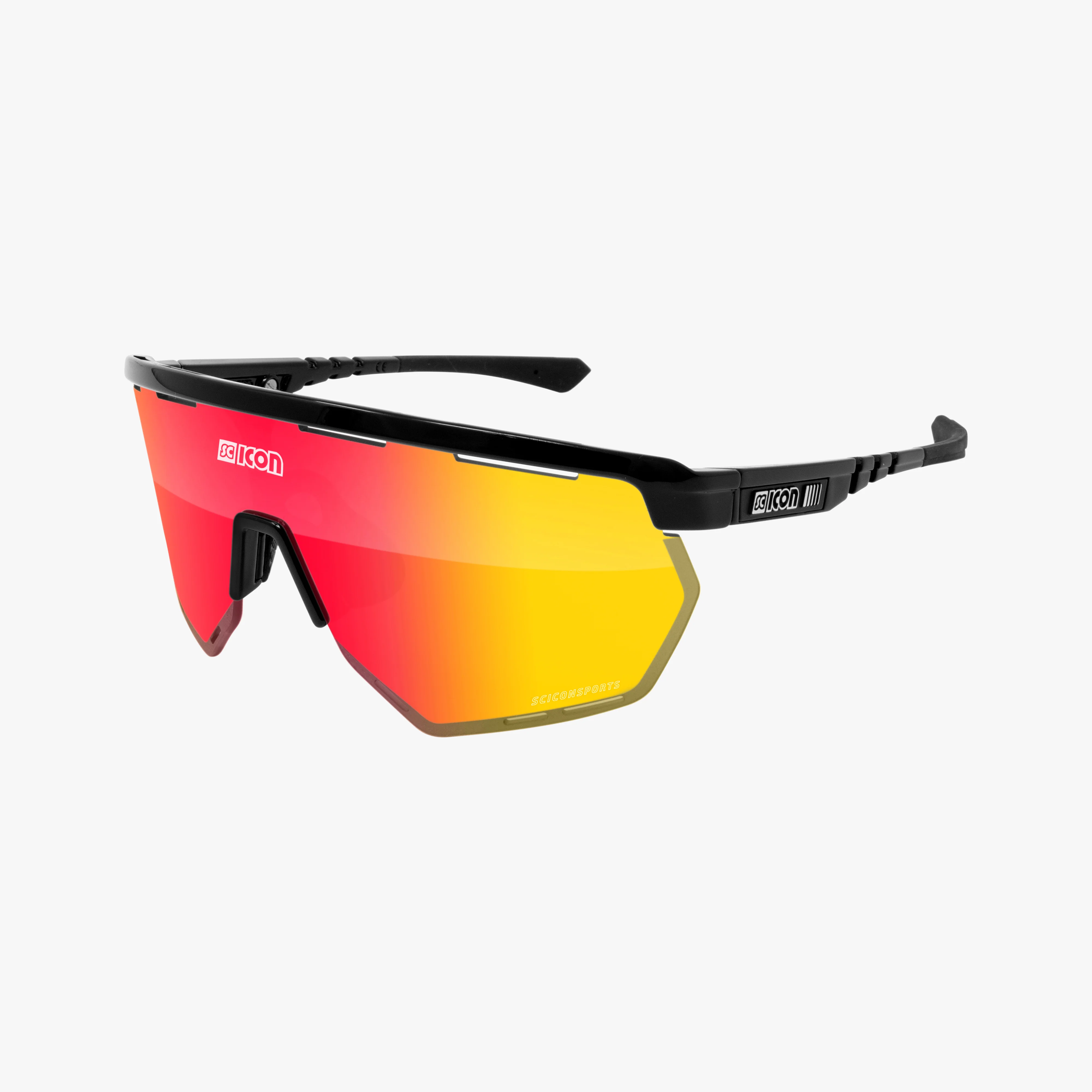 Black gloss sport sunglasses by Scicon with red multi-mirror lenses, designed for high-performance sports activities.