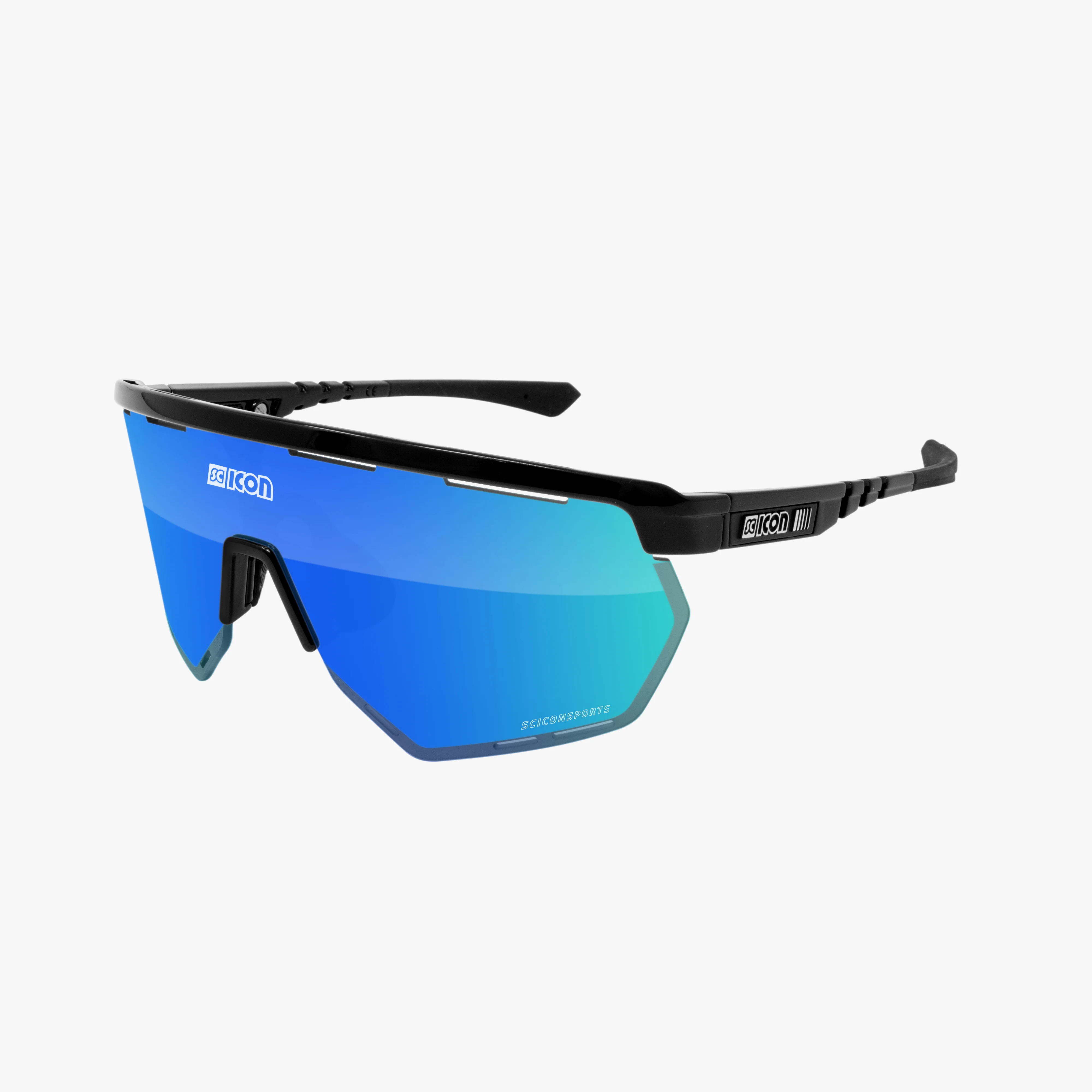 Scicon Aerowing high-performance sport sunglasses with black gloss finish and red mirrored lenses for active outdoor use.