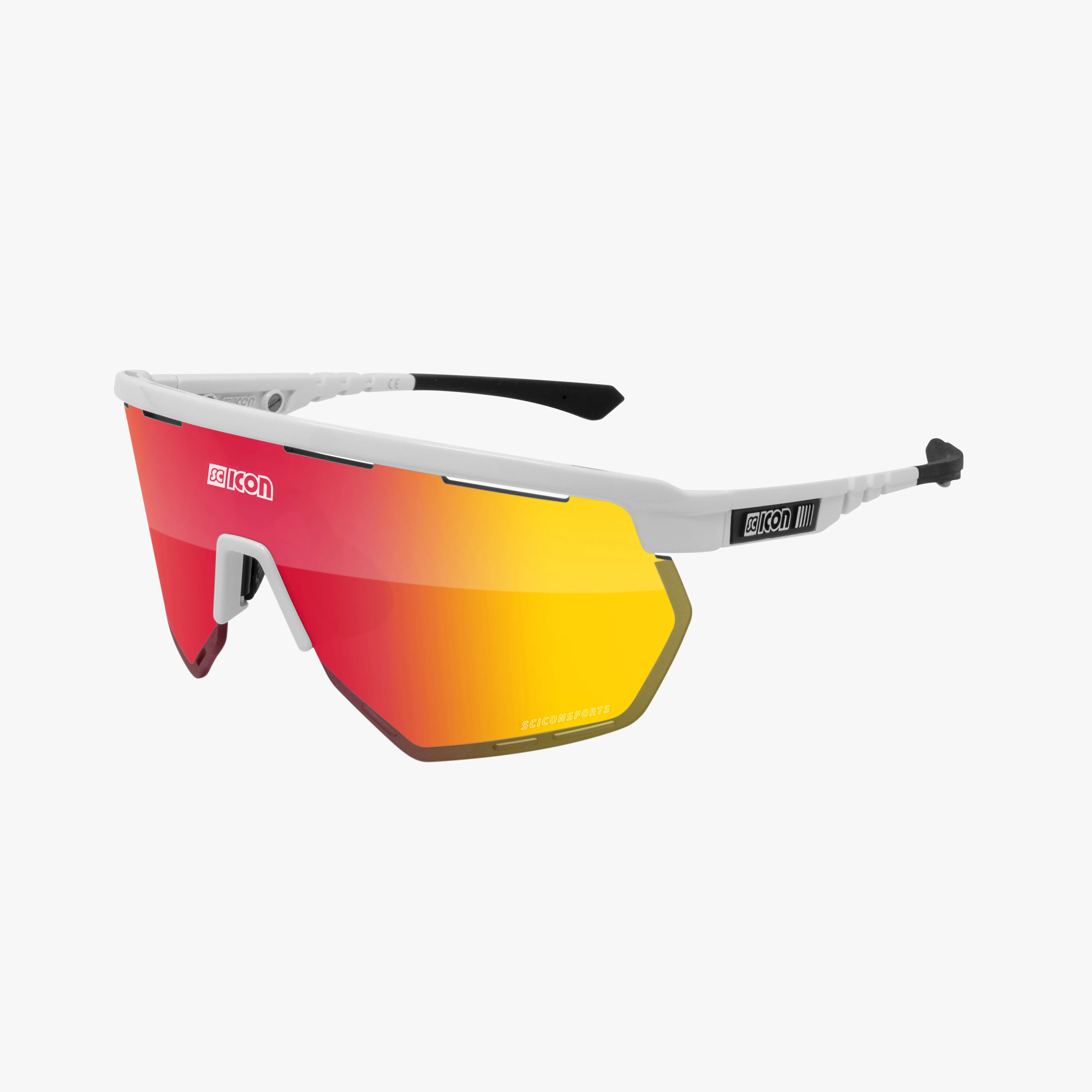 Scicon Aerowing high-performance sport sunglasses with black gloss frame and red mirror lenses, designed for active outdoor use.