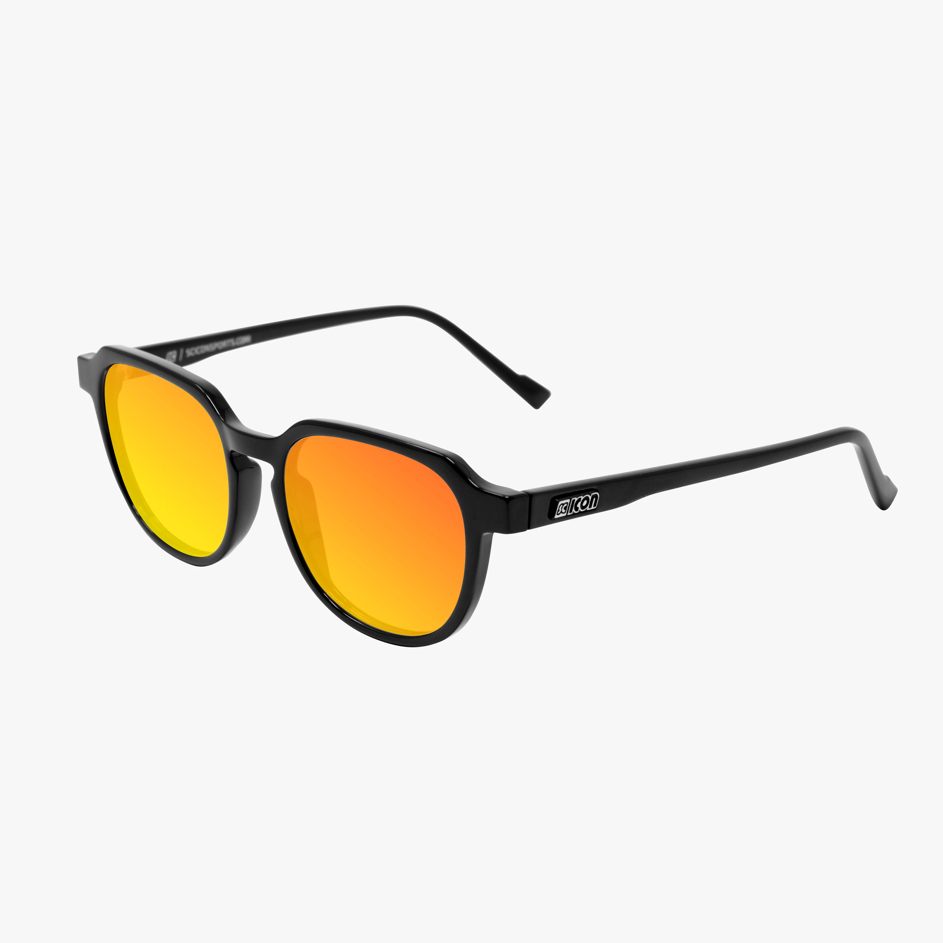 Black glossy Italian eyewear by Scicon with multimirror red lenses, model Vertex from the Timeless collection.