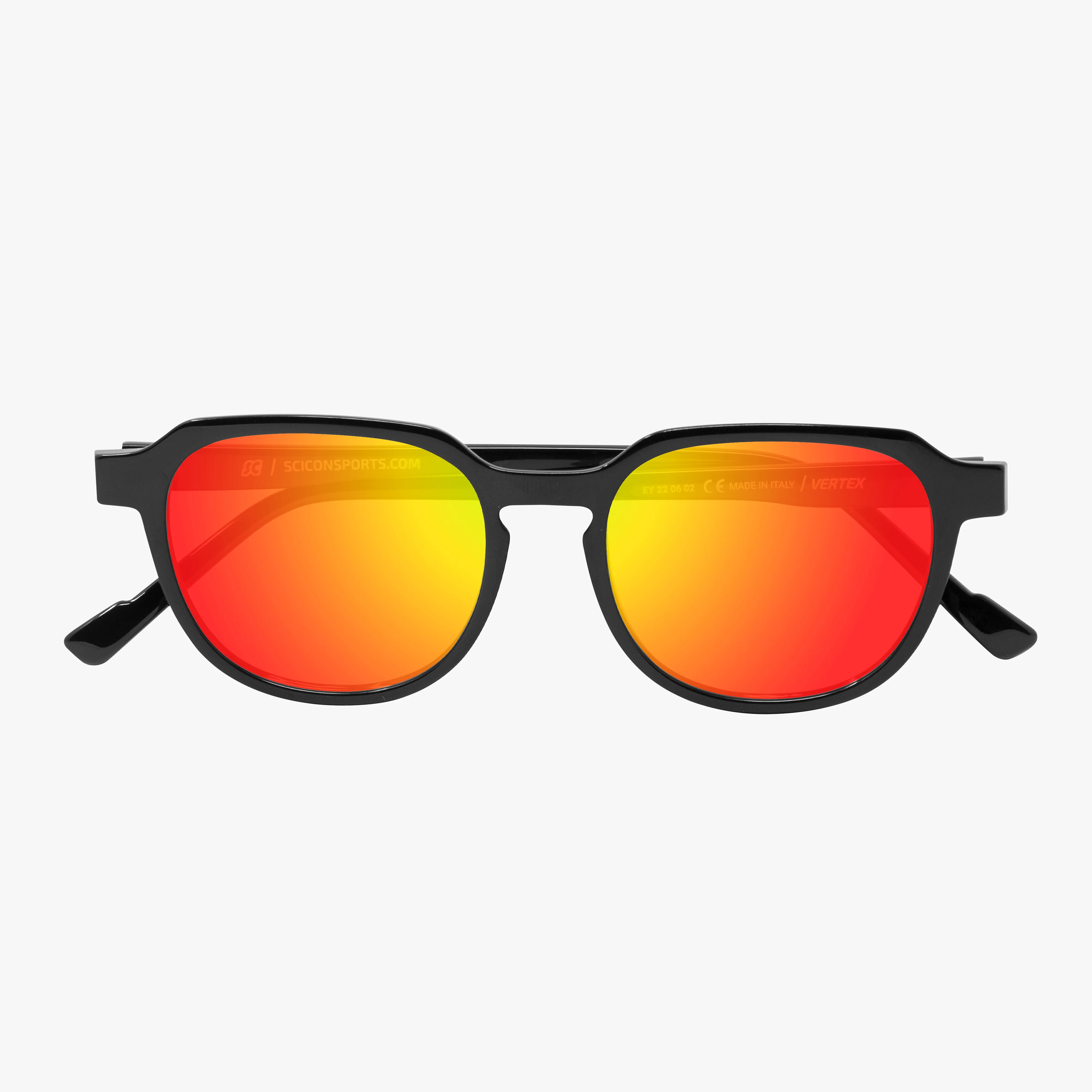 Black gloss Italian sunglasses by Scicon, featuring red multimirror lenses in the Vertex Timeless Italian Eyewear collection.