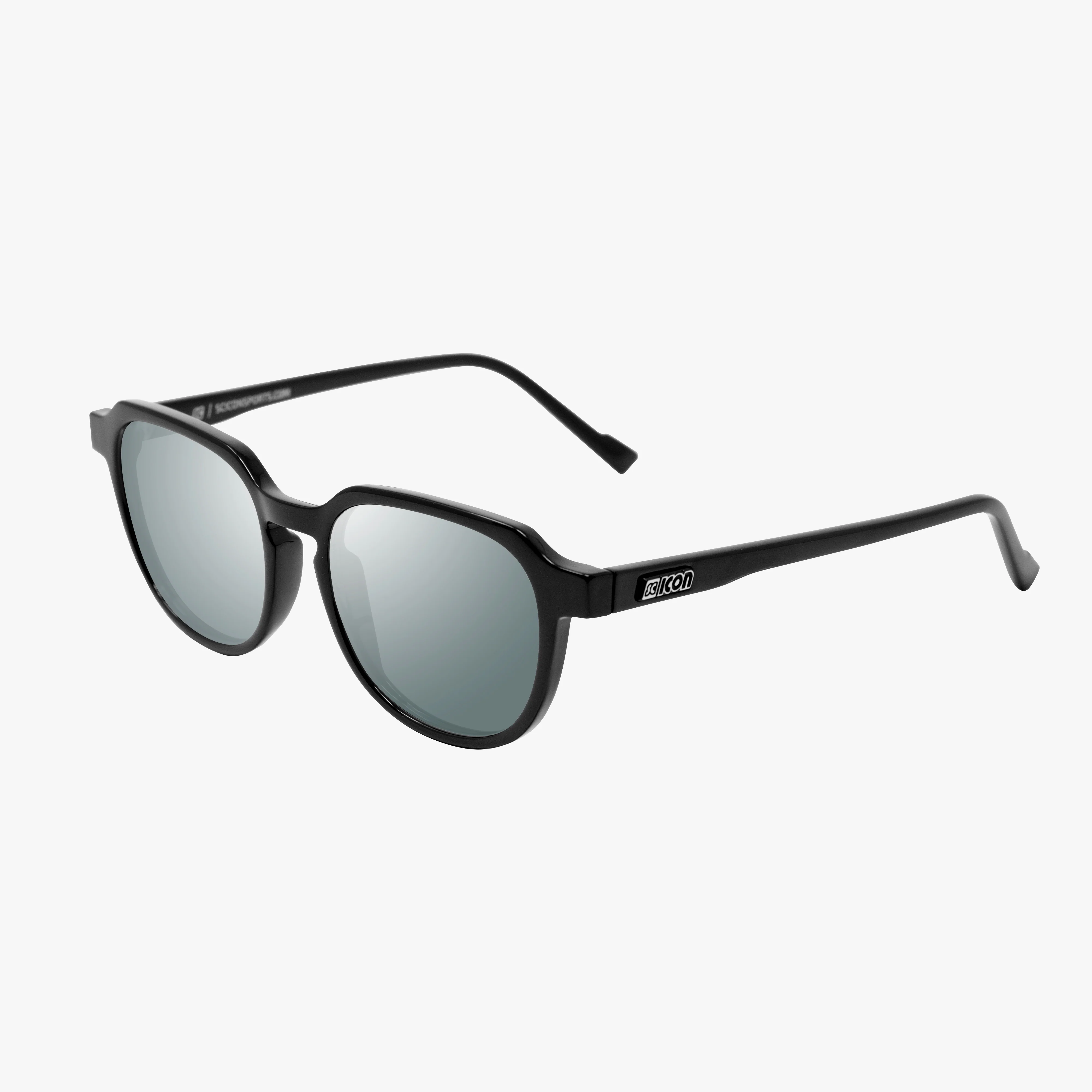 Black gloss Scicon Vertex Timeless Italian eyewear with red multi-mirror lenses, stylish and modern sunglasses for men and women.