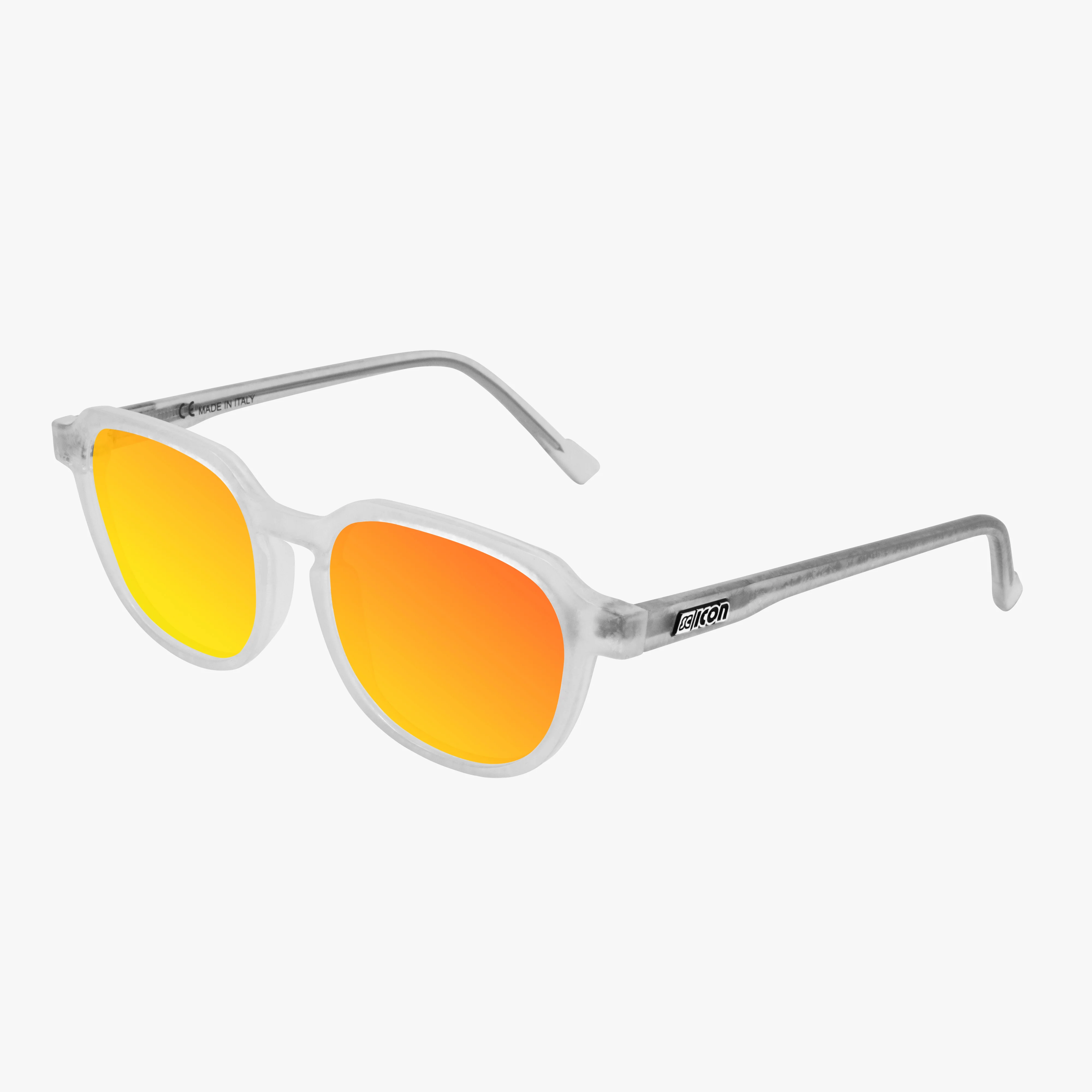 Black glossy Vertex Italian eyewear with red multimirror lenses by Scicon, showcasing a sleek, stylish design.