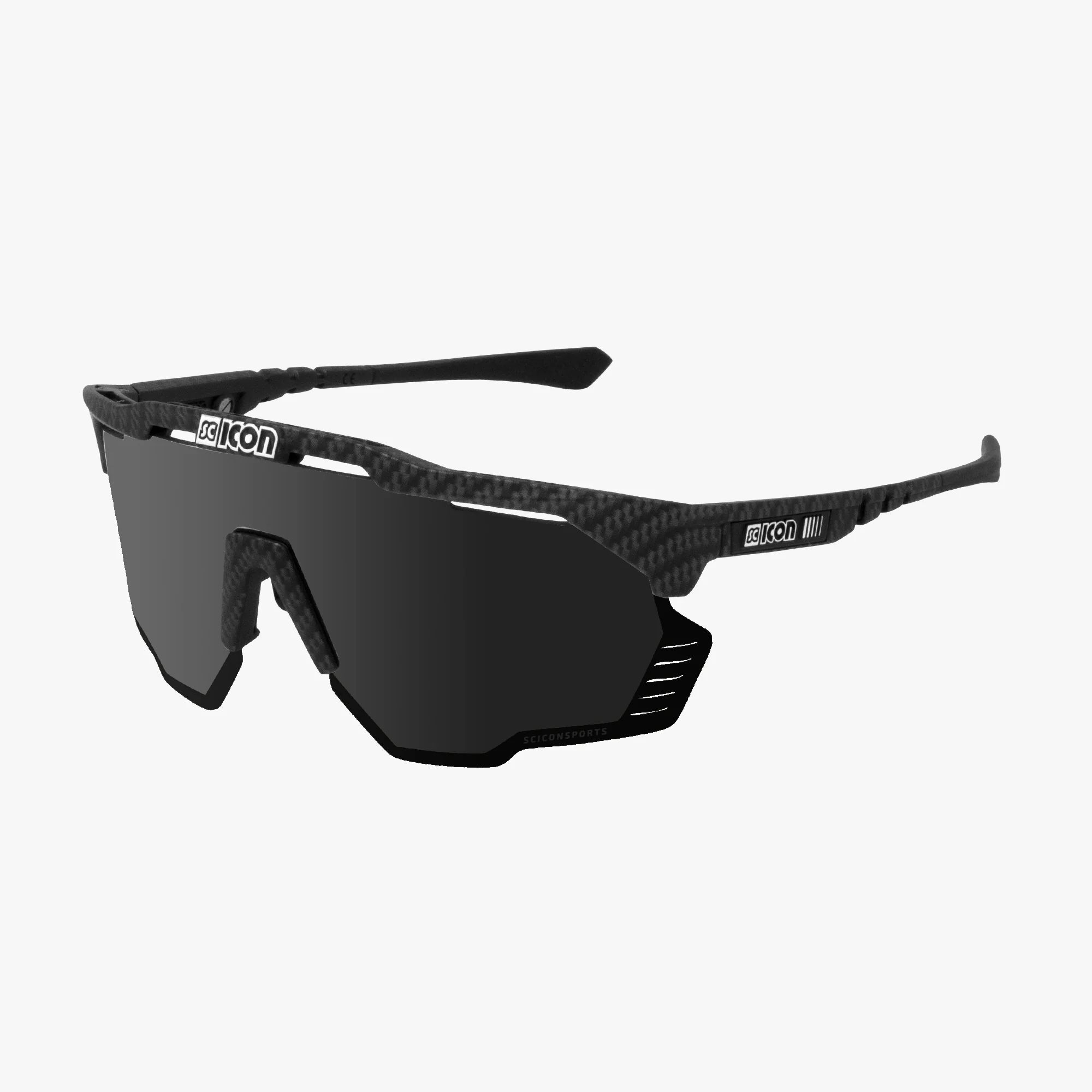 Scicon Aeroshade Kunken high-performance sport sunglasses with matte carbon frame and red mirror lenses.