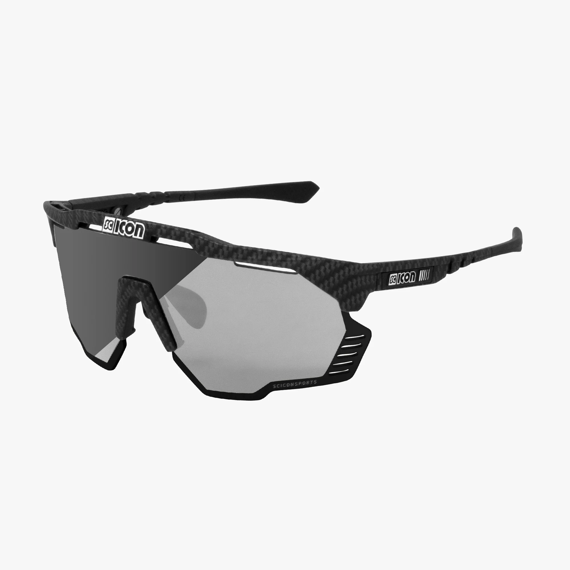 Scicon Aeroshade Kunken high-performance sport sunglasses with matte carbon frame and red mirror lenses for active wear.