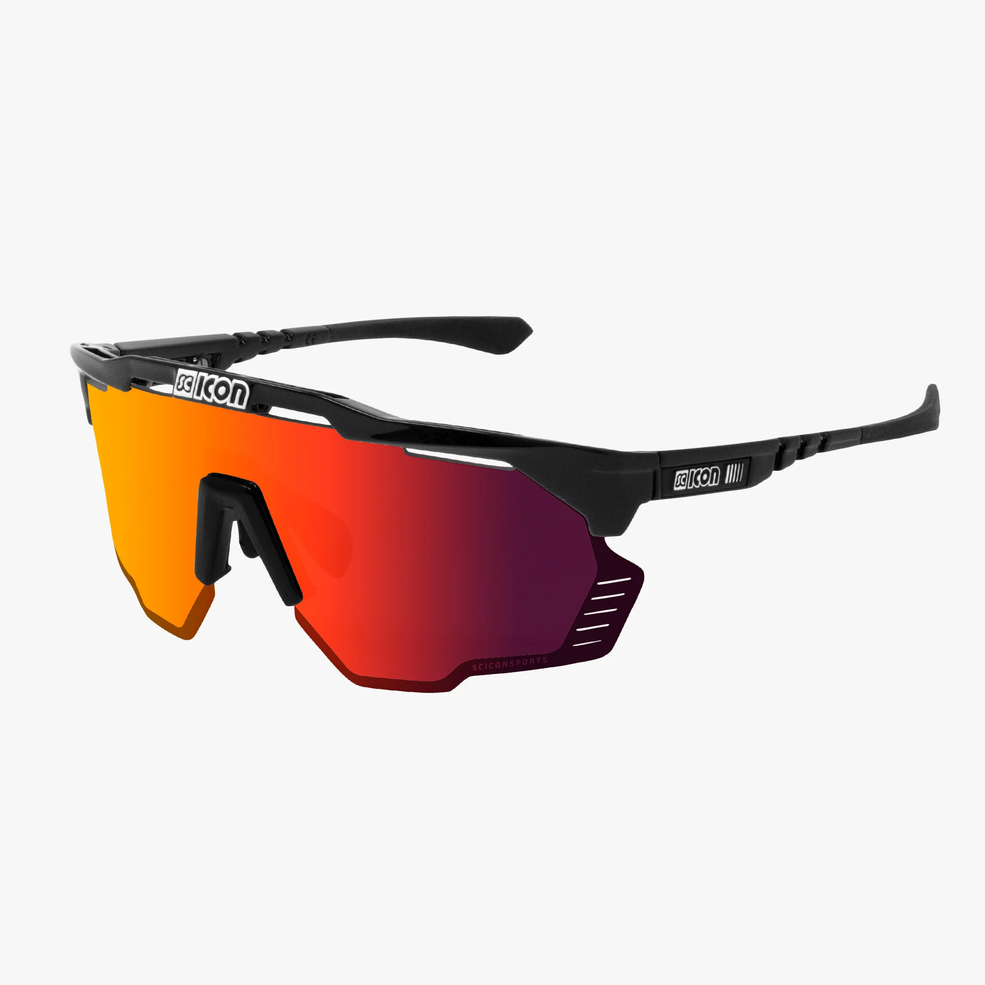 Scicon Aeroshade Kunken high-performance sport sunglasses with matte carbon frame and red mirror lenses, designed for active wear.