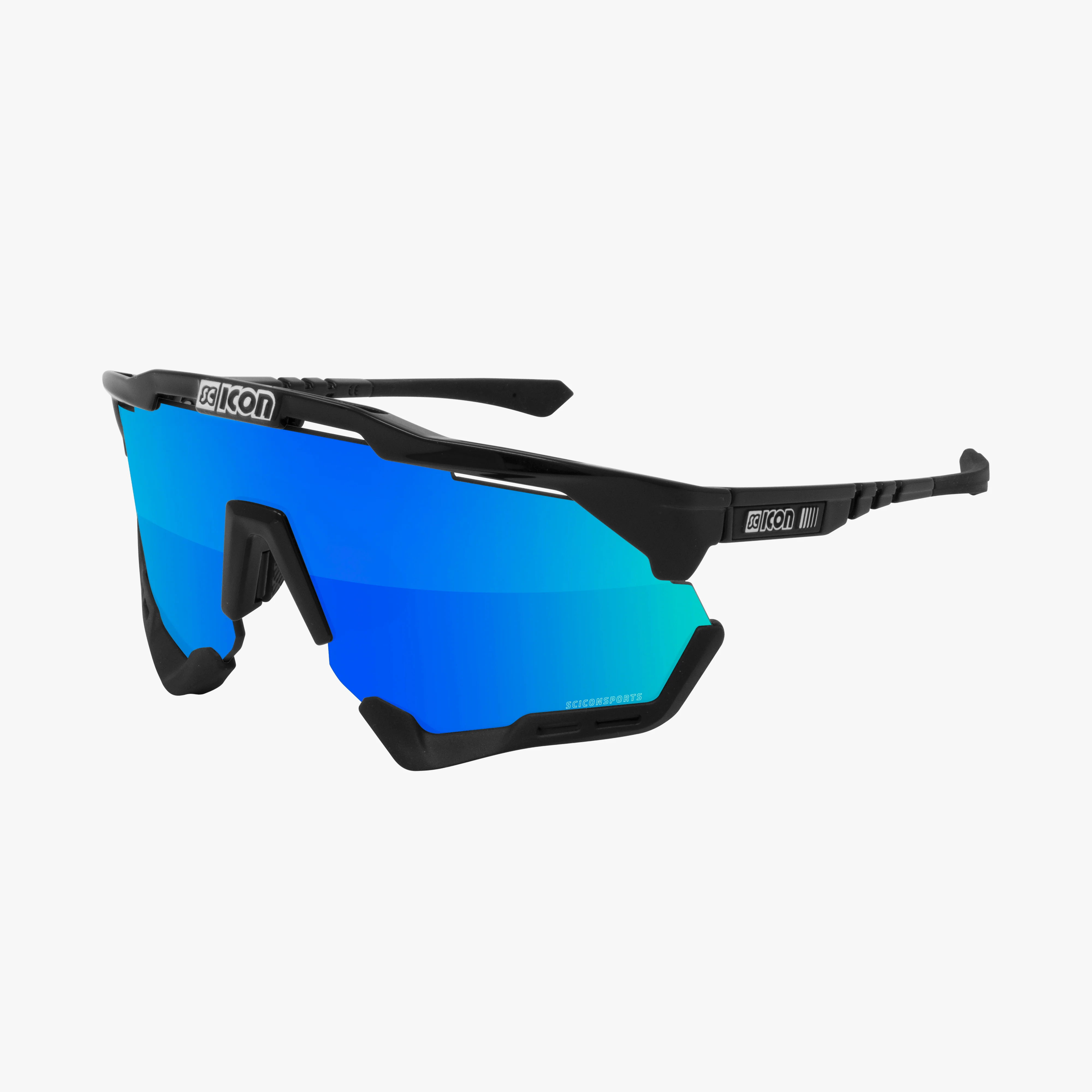 Scicon Aeroshade XL high-performance sport sunglasses with matte carbon frame and red multi-mirror lenses, designed for active wear.