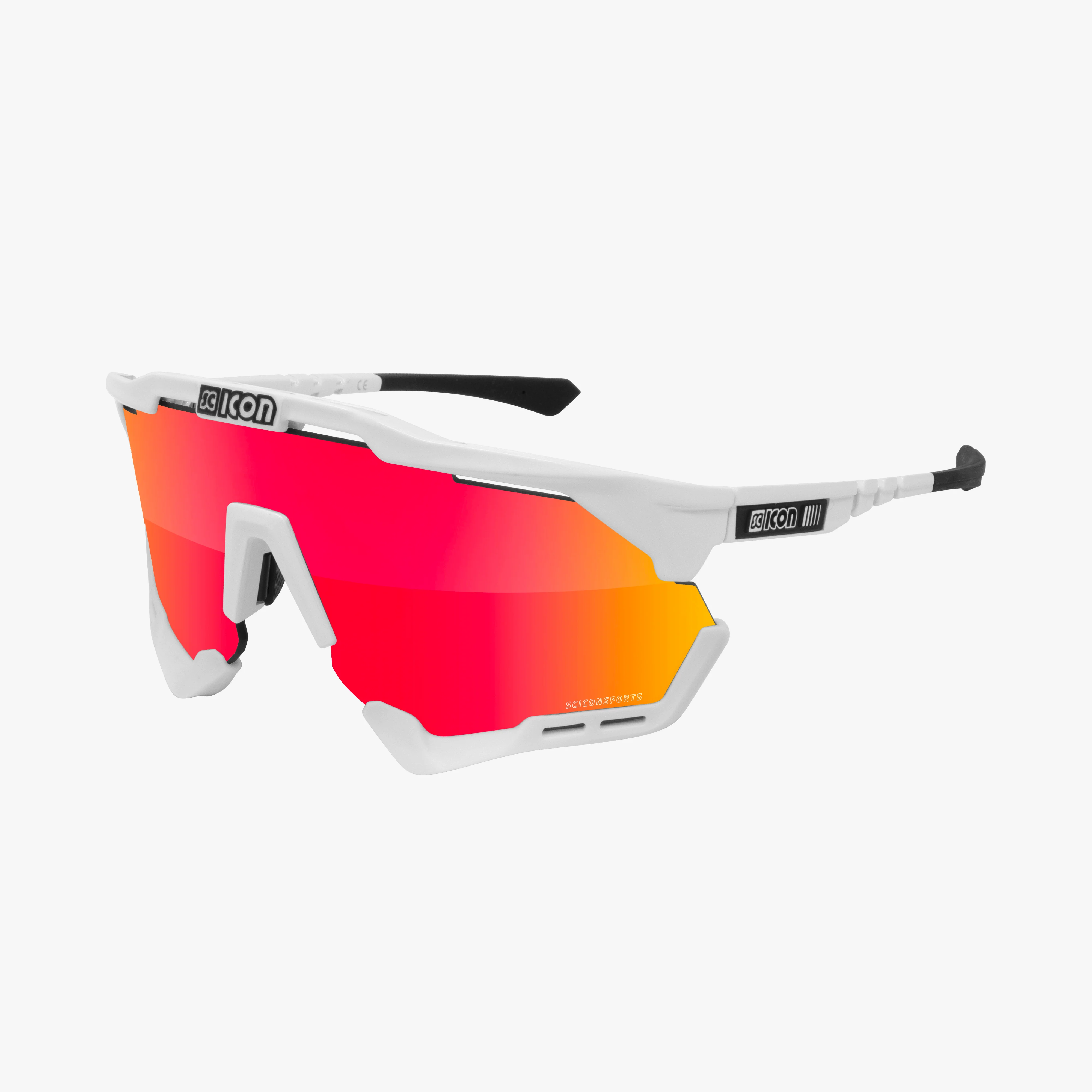 Scicon Aeroshade XL high-performance sport sunglasses with matte carbon frame and red multimirror lenses.