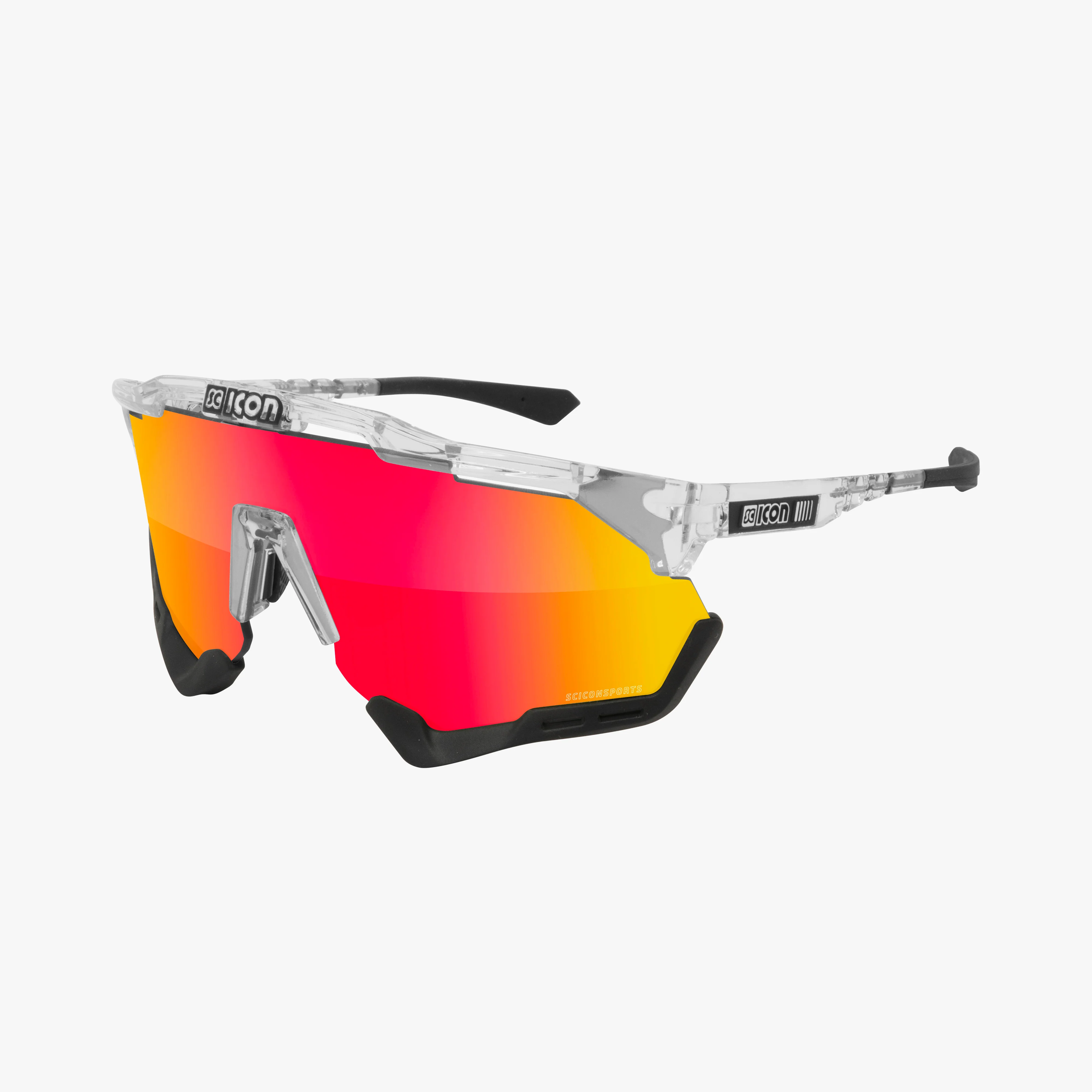 Scicon AeroShade XL high-performance sport sunglasses with matte carbon frame and red mirrored lenses for outdoor activities.