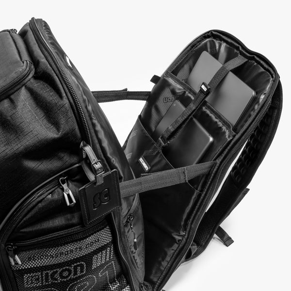 Scicon Backpack Pro 35L with multiple compartments, padded straps, and durable black fabric for outdoor and travel use.