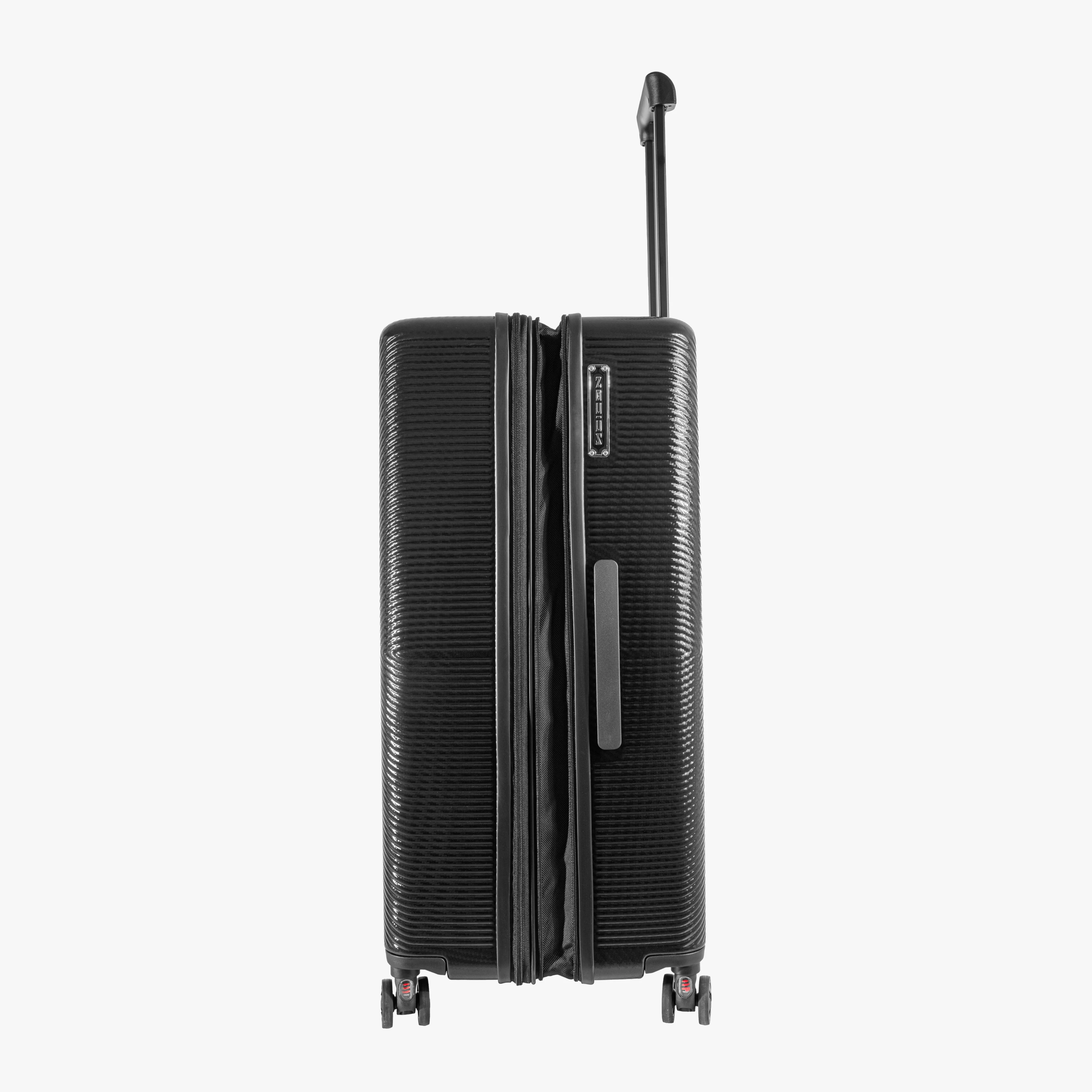 Scicon expandable 100L trolley suitcase with sturdy wheels, telescoping handle, and spacious design for travel storage.