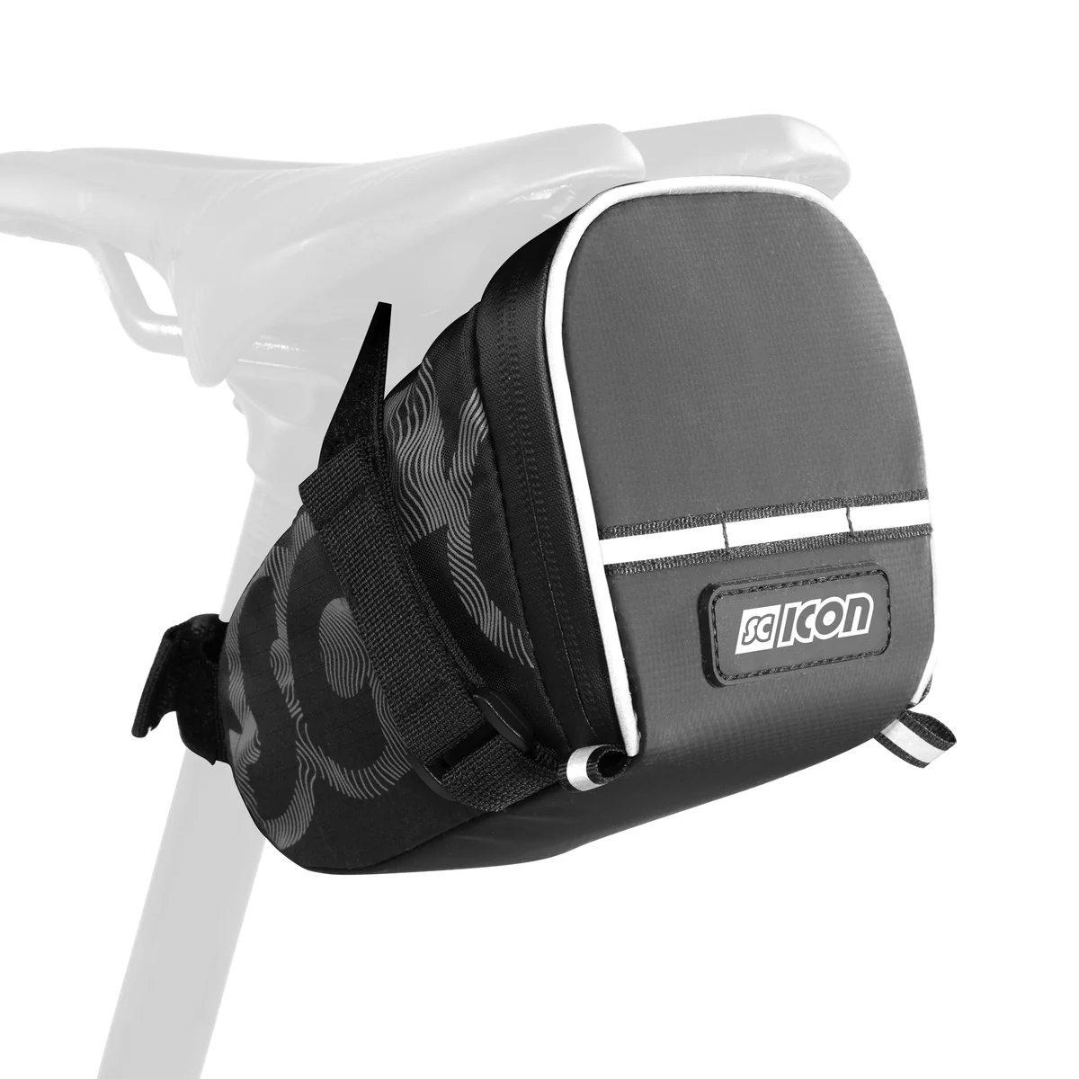 Large Scicon saddle bag for MTB cycling, shown attached to bike with adjustable straps and ample storage space.