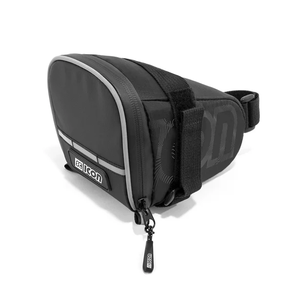 Large saddle bag for MTB cycling by Scicon, shown attached to mountain bike frame with storage compartments and durable straps.
