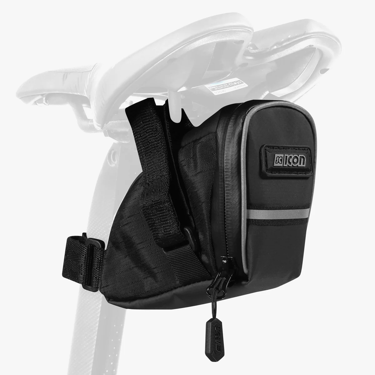 Medium Scicon cycling saddle bag for road bikes, shown attached under the saddle with secure straps and compact storage design.