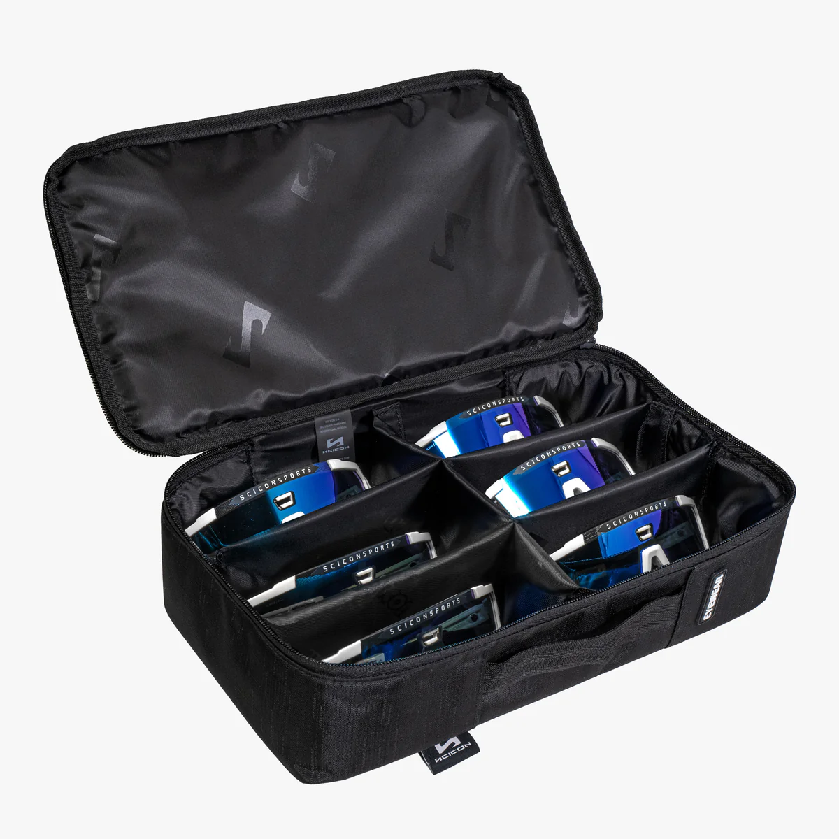 Scicon Multi Eyewear Display Storage Case with padded interior and multiple compartments for organizing sunglasses and glasses.