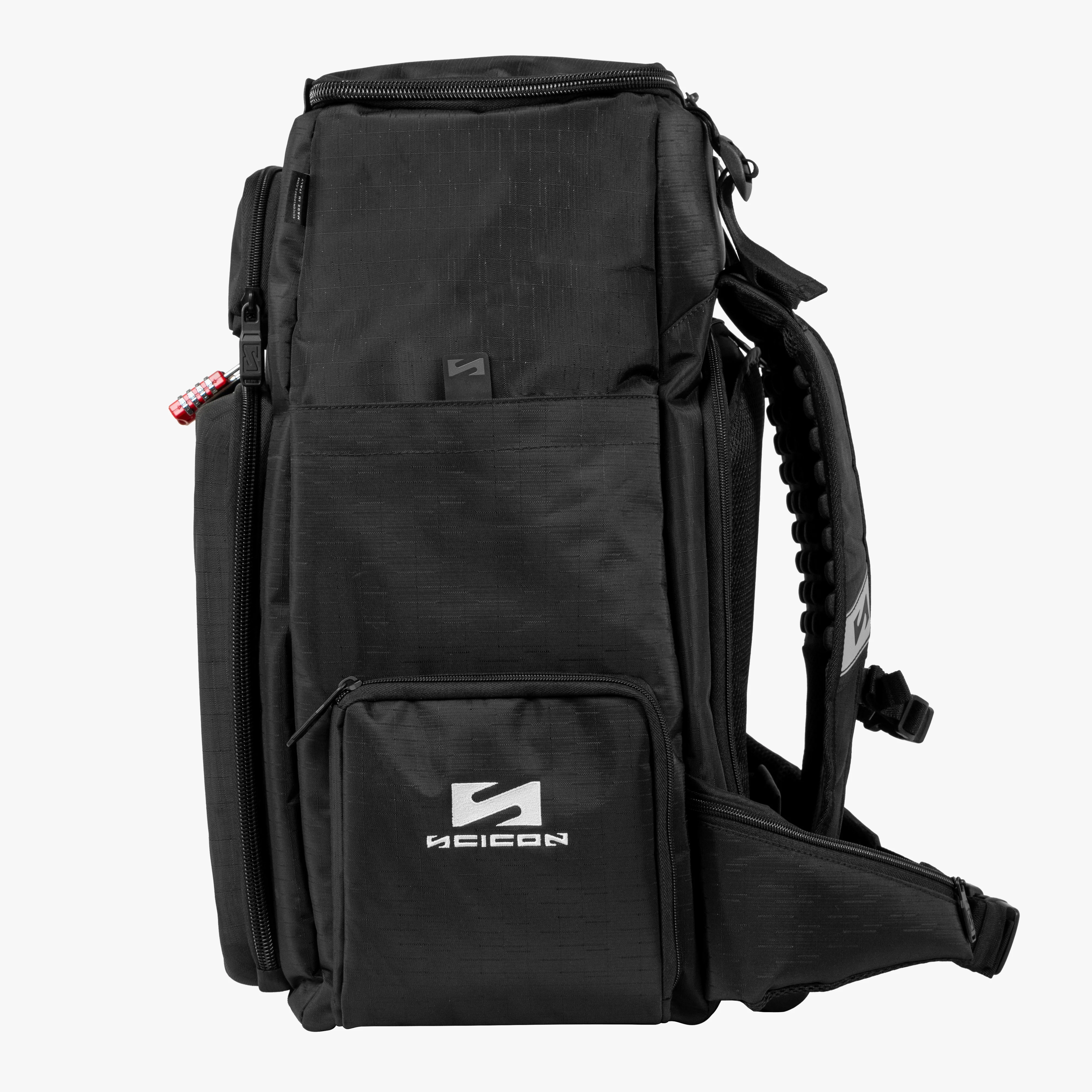 Scicon Podium Compact Sports Backpack 55L with multiple compartments, adjustable straps, and durable black fabric for active use.