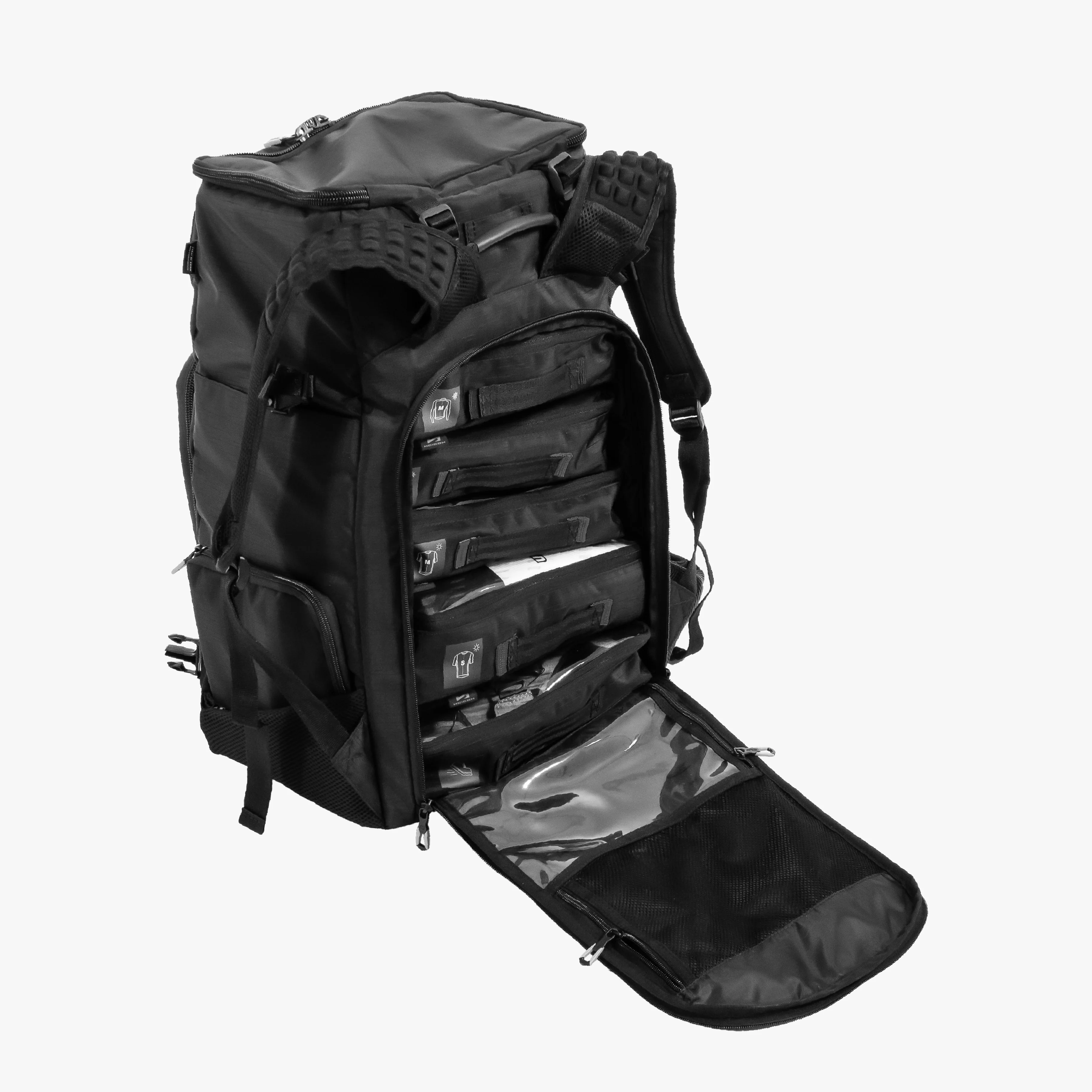 Scicon Podium Compact Sports Backpack in black with multiple compartments and adjustable straps for 55L capacity.