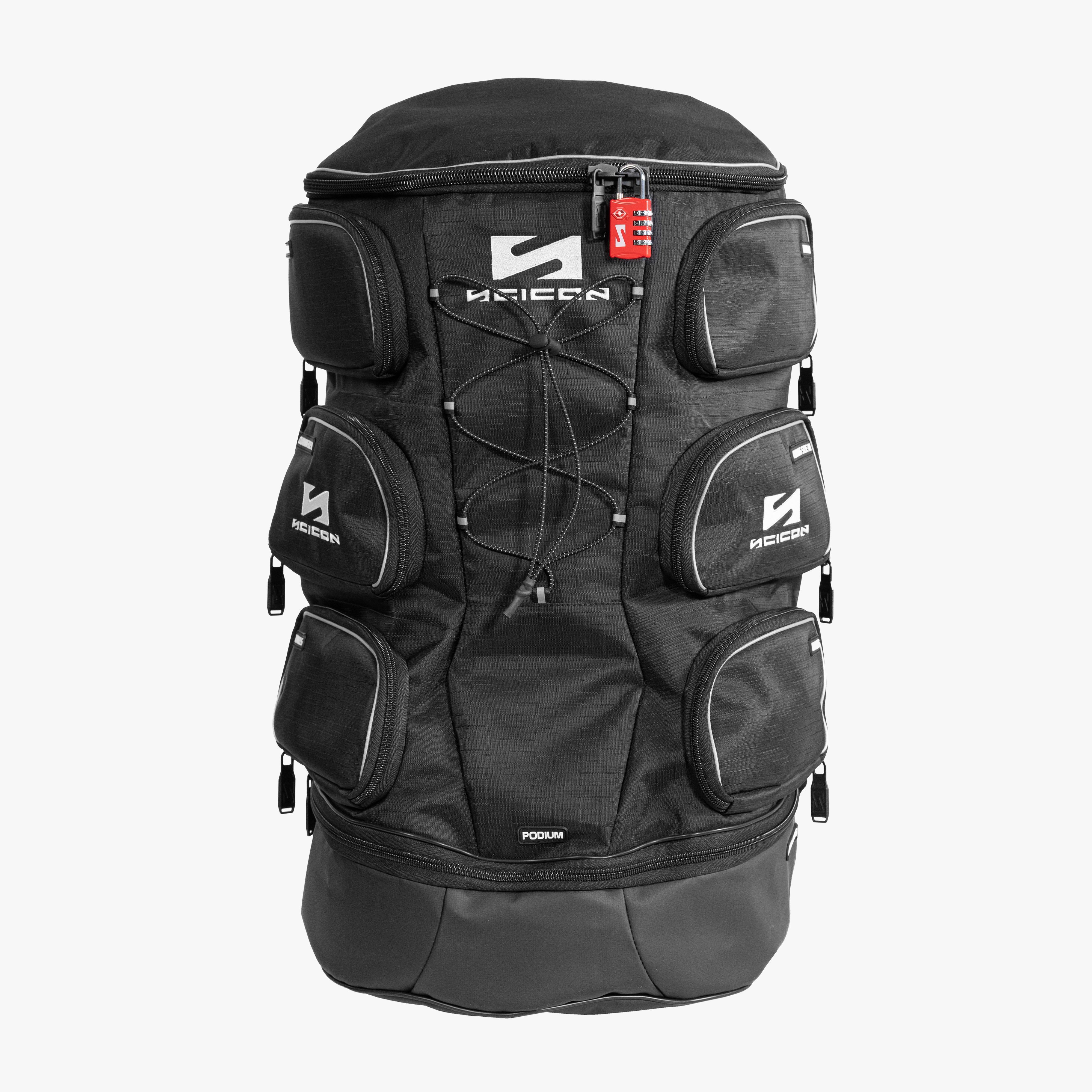 Scicon Podium Pro Sports Backpack with multiple compartments, padded straps, and a sleek black design for active use.