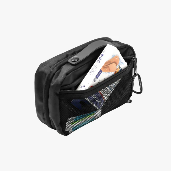 Black Scicon portable travel toiletry bag with multiple compartments, compact design, and hanging hook for easy organization.