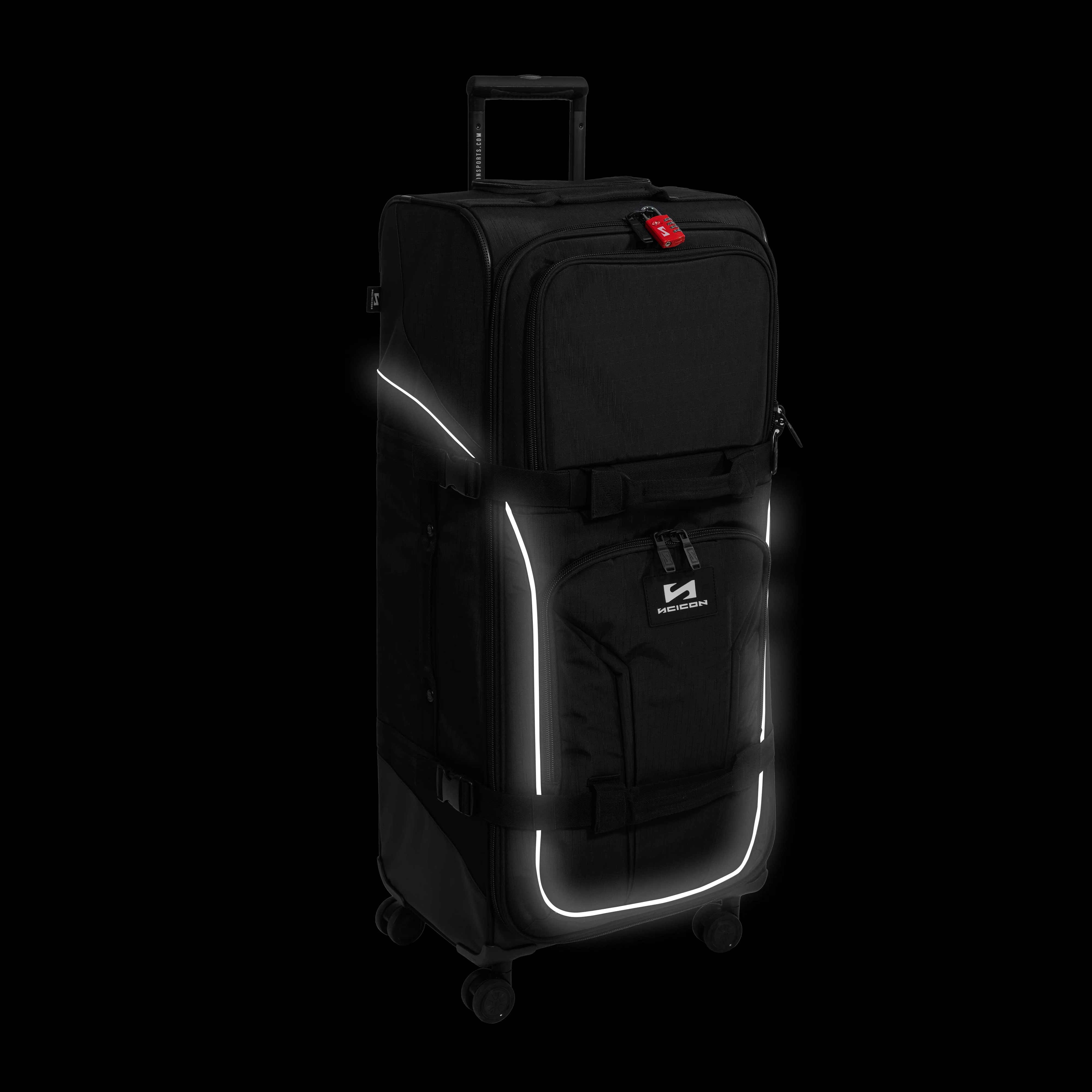 Scicon 110L 4WD trolley luggage with sturdy wheels and handle, black hard-shell case for travel storage.