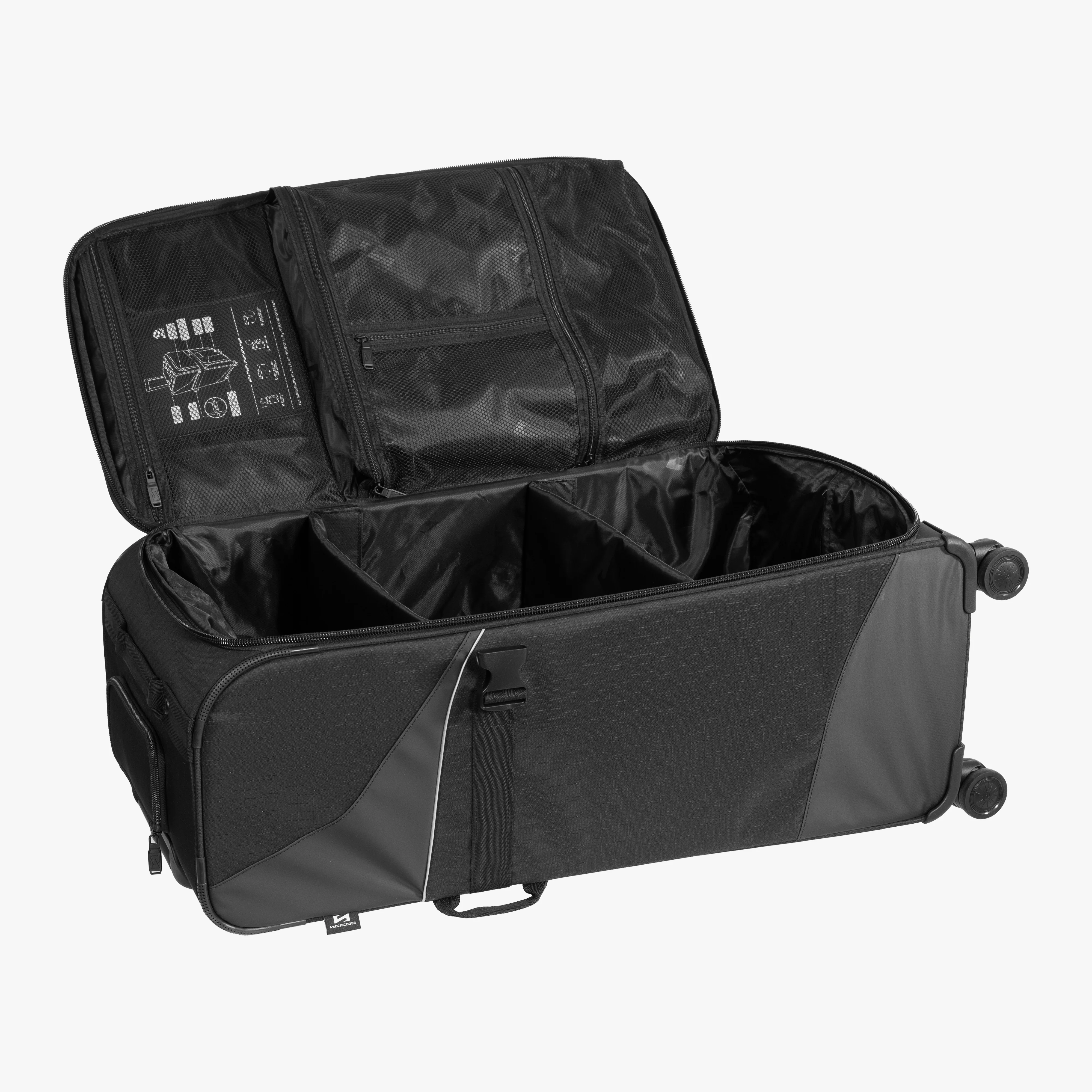Scicon 80L 4WD Trolley Luggage with sturdy wheels and handle, black hard-shell design for travel durability and convenience.
