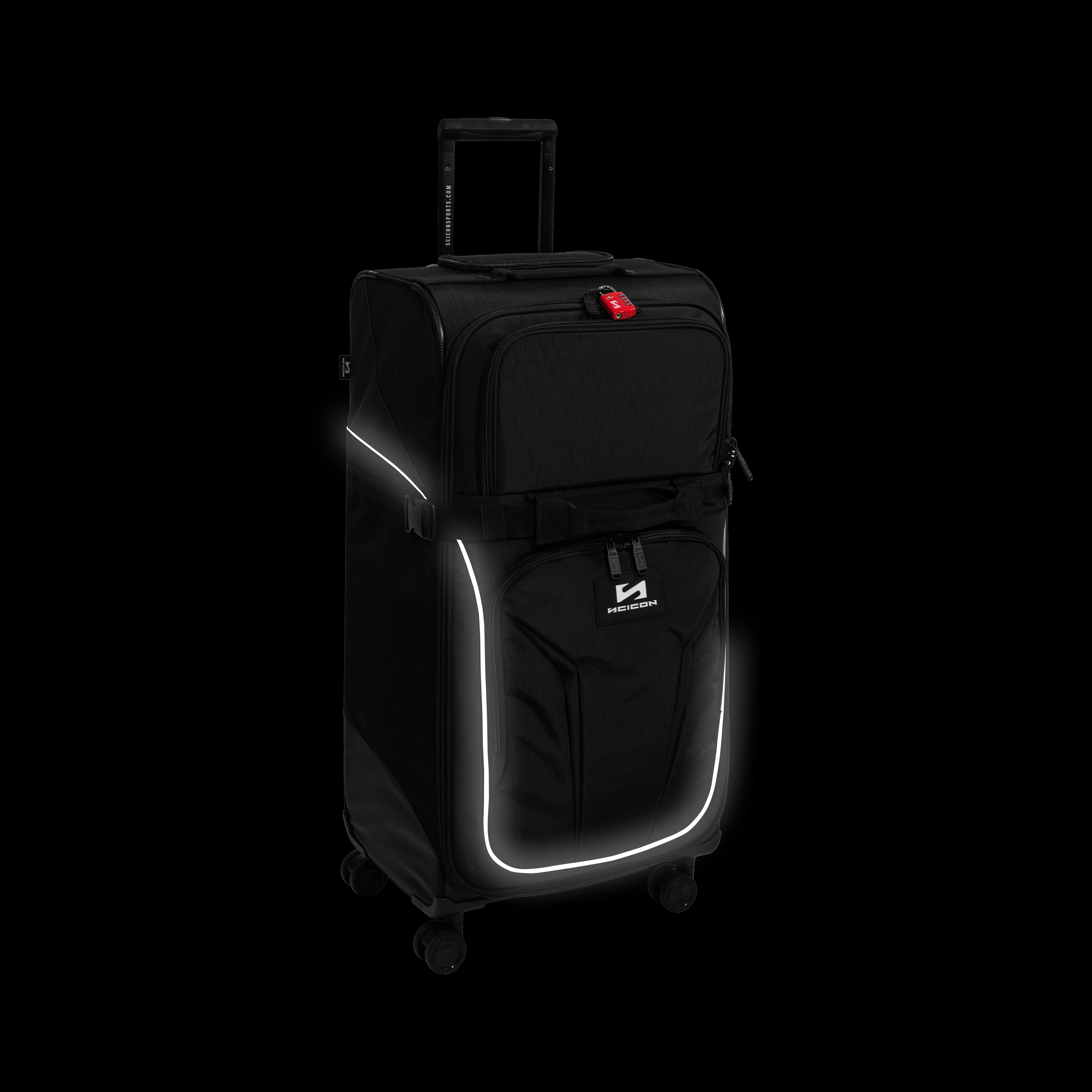 Black Scicon 80L 4WD Trolley Luggage with sturdy wheels and extendable handle, designed for durable travel and easy maneuverability.