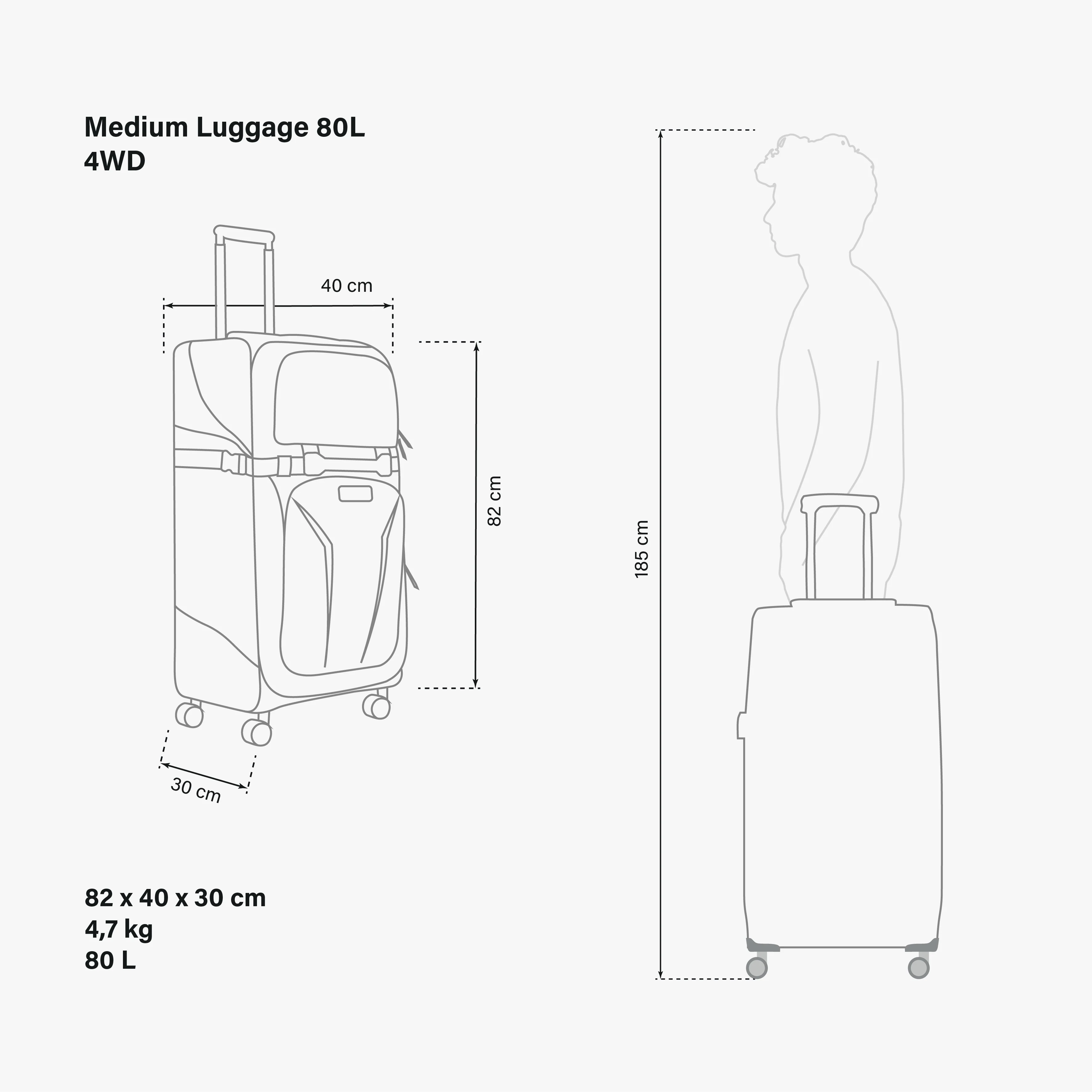 Scicon 80L 4WD Trolley Luggage in durable black with four wheels and extendable handle for easy travel.