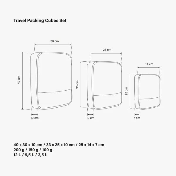 Set of three Scicon travel packing cubes in various sizes for organized luggage storage and efficient packing.